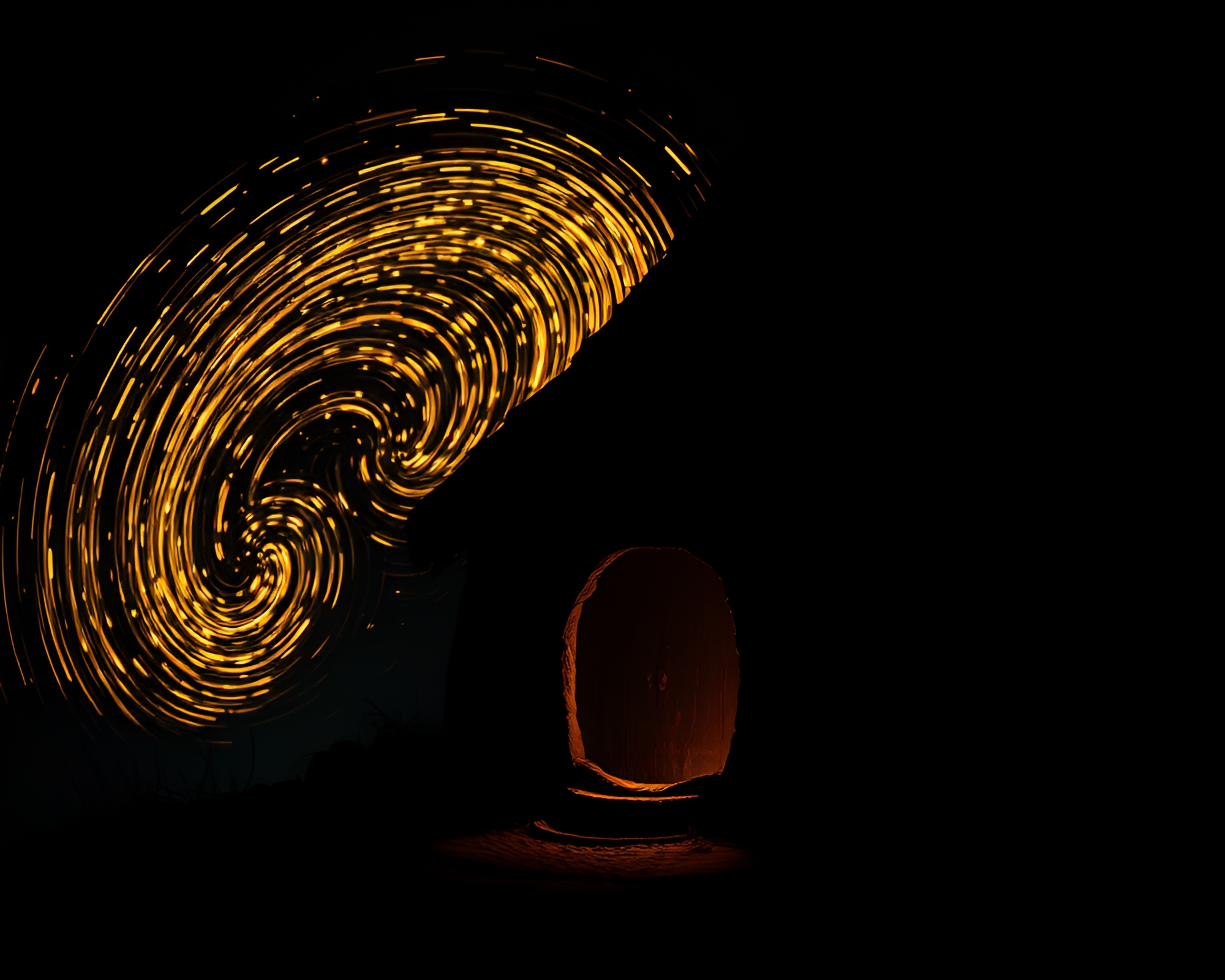 Mud Hut Silhouette with Fingerprint Swirls and Fairy Lights – free AI stock image