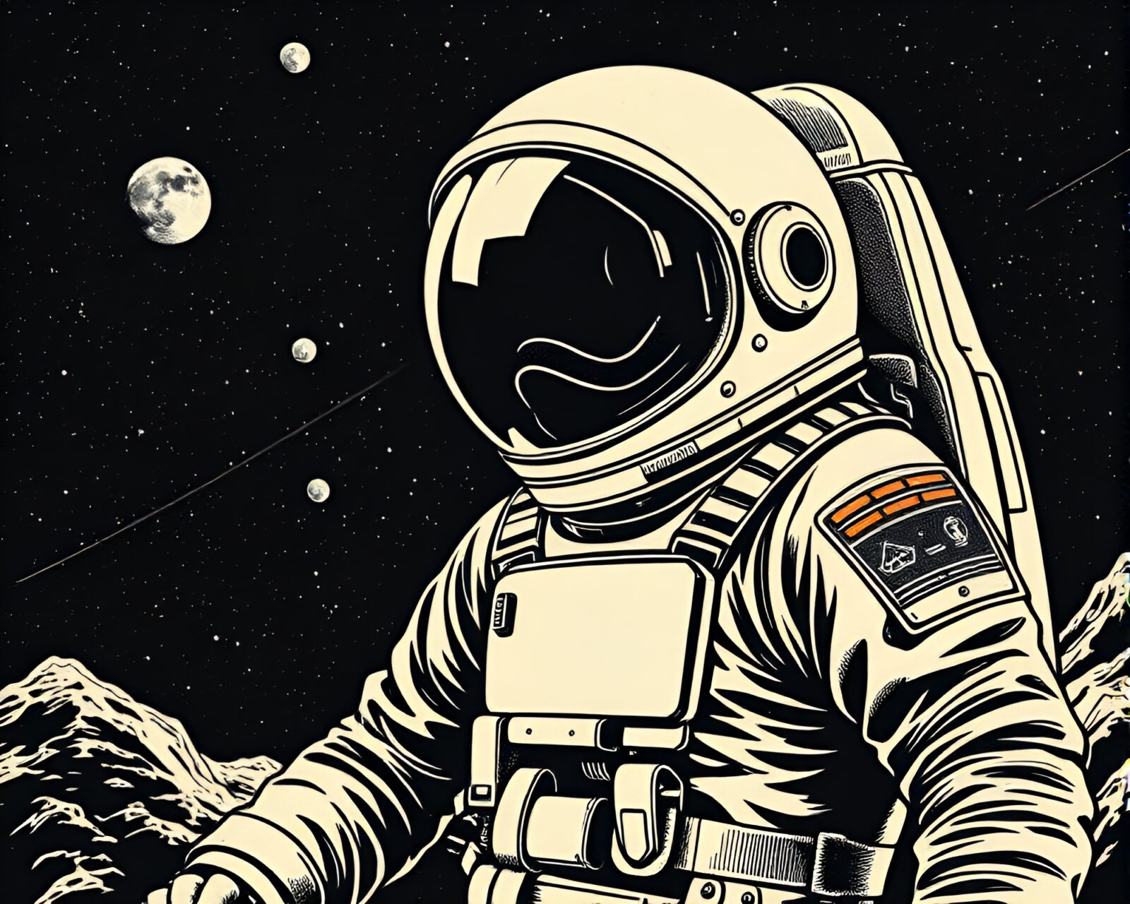 Comic style astronaut with retro scanlines etching effect.