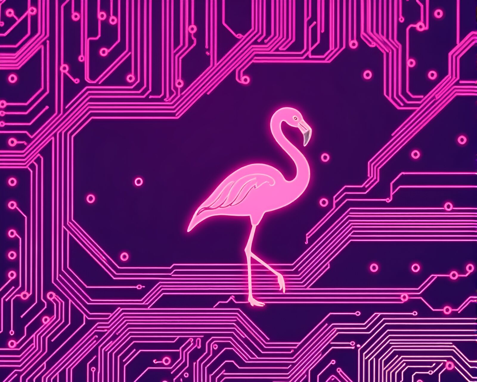 Vibrant 80s-inspired flamingo design overlaid on circuit board