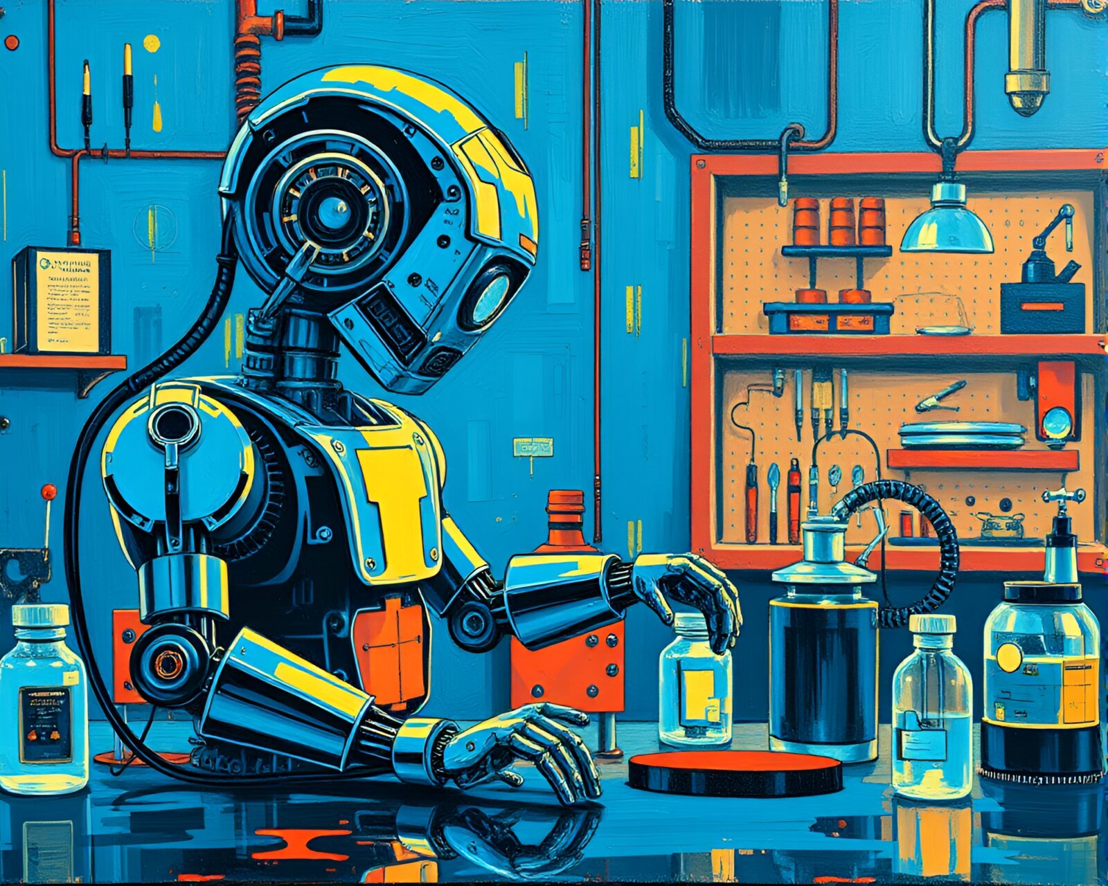 Futuristic robotics lab painted in blue pixelation style