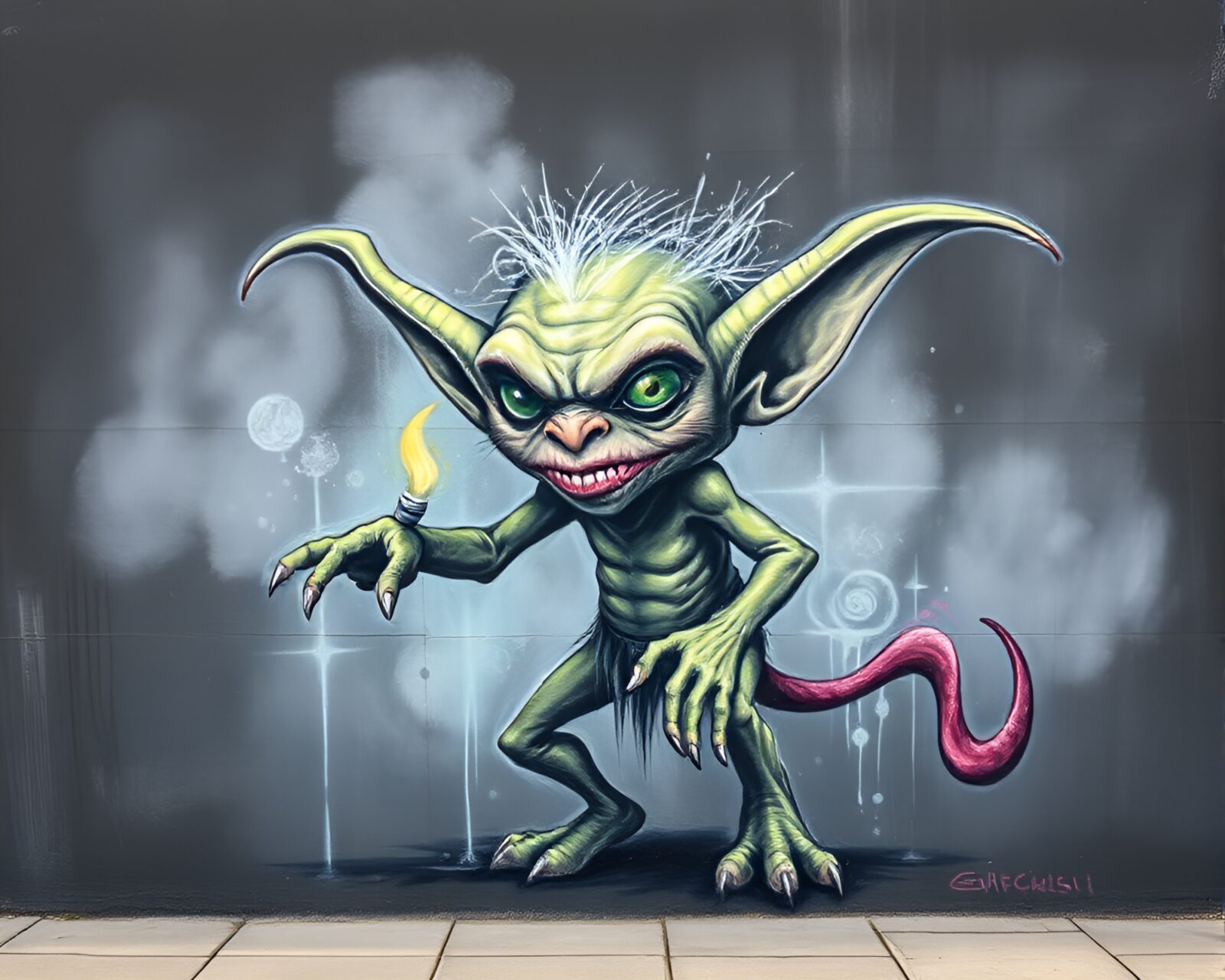 Hazy chalk mural graffiti of mystical goblin creature
