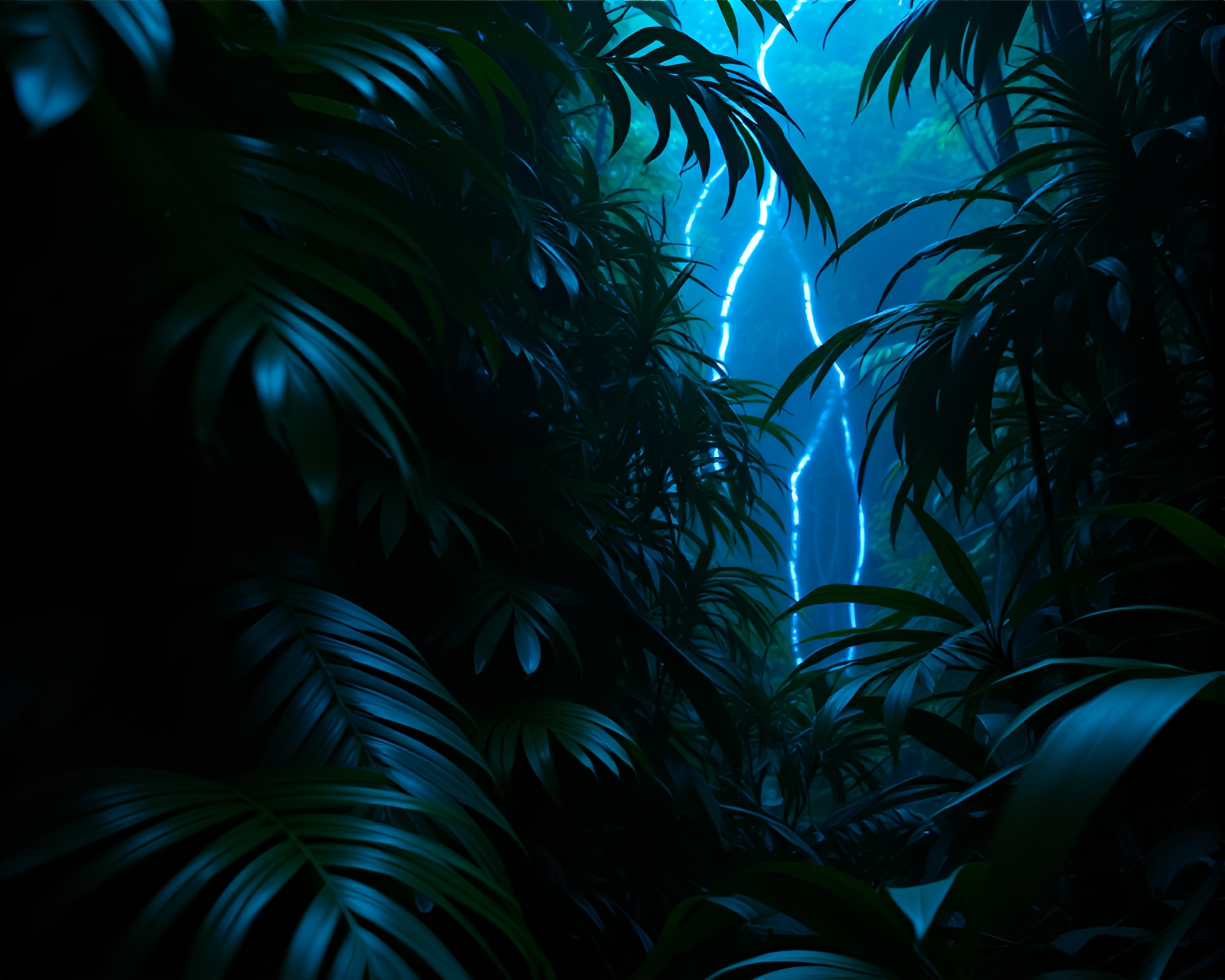 Cybernetic Jungle Film Burn in Cobalt Blue Hues – free AI stock image
