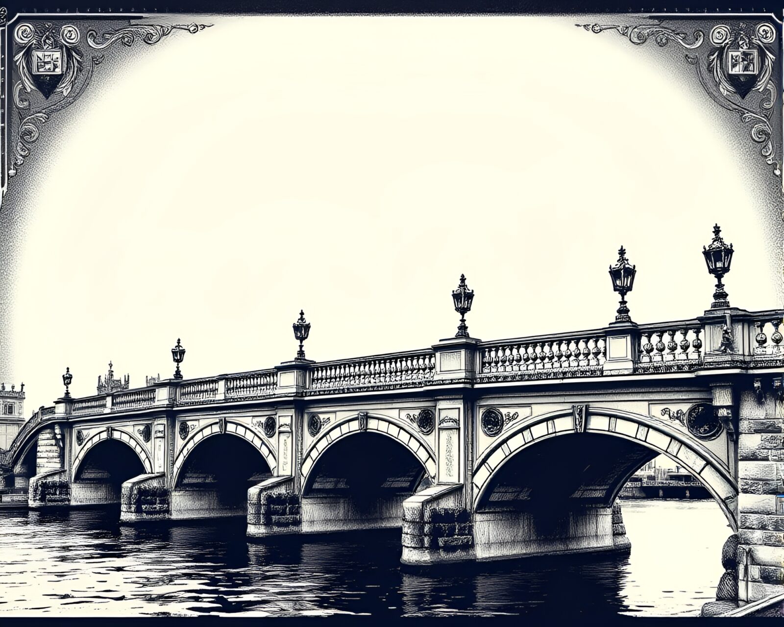 HDR contrasted bridge with intricate engraving in pixel art