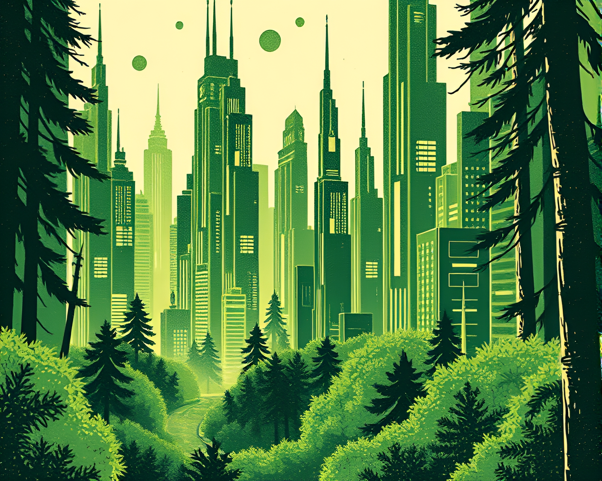 Futuristic Minimalist Cityscape with Enchanted Green Lighting – free AI stock image