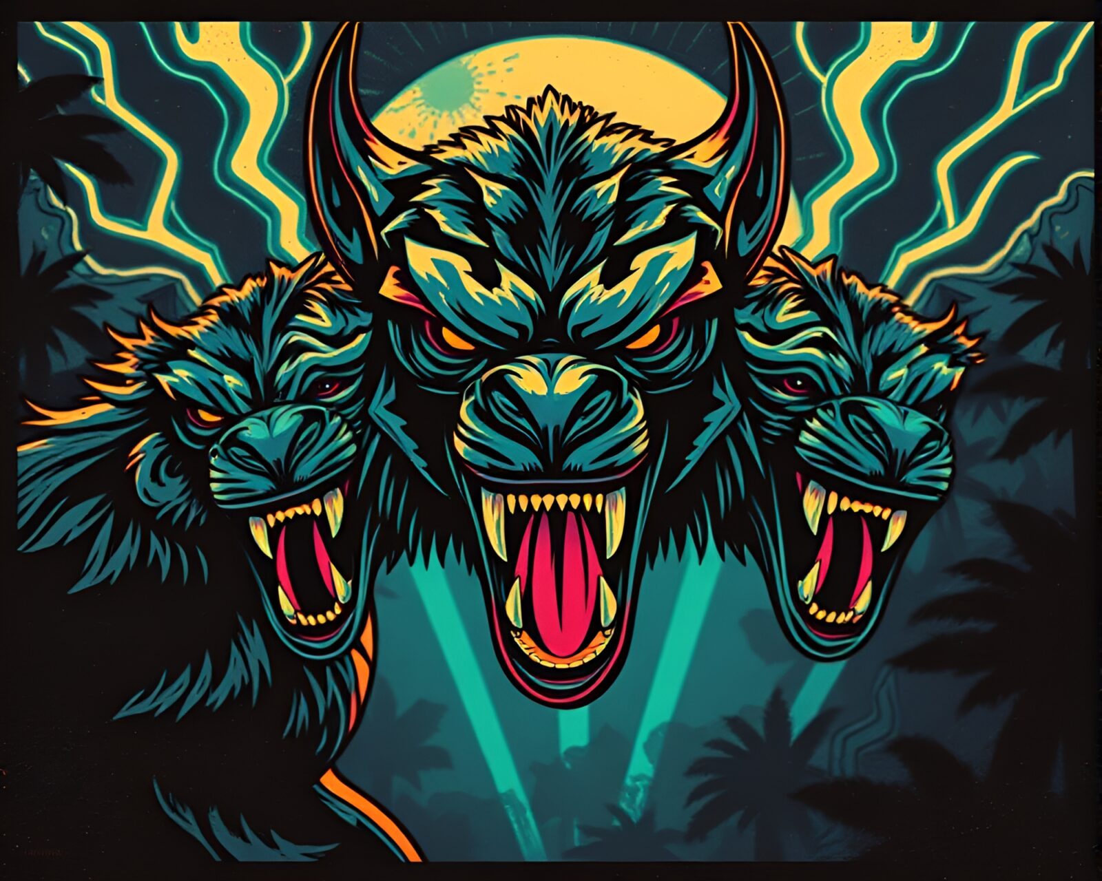 Japanese-inspired three-headed dog artwork in vibrant retrowave style.