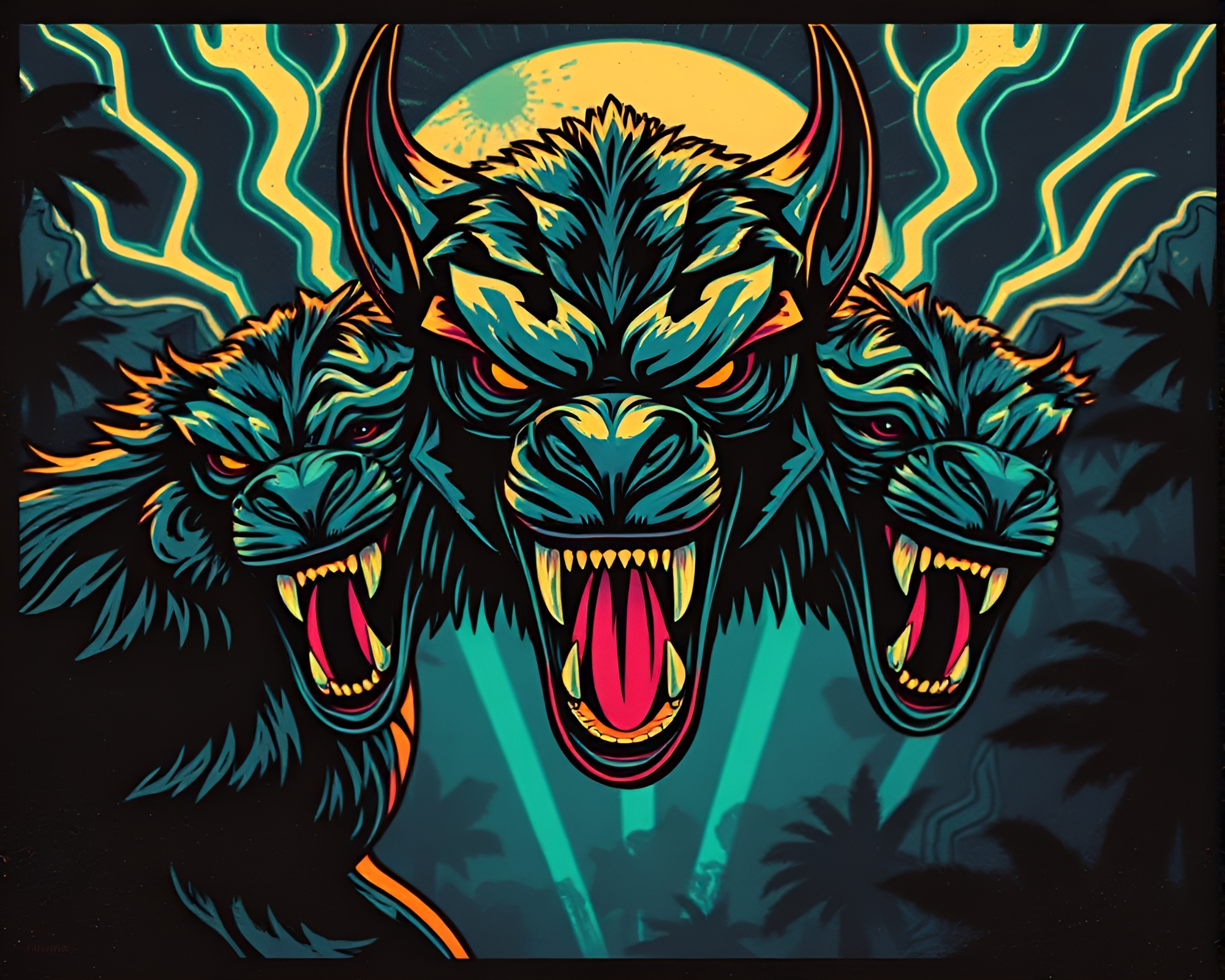 Retrowave Cerberus Woodblock Print with Glossy Highlights – free AI stock image