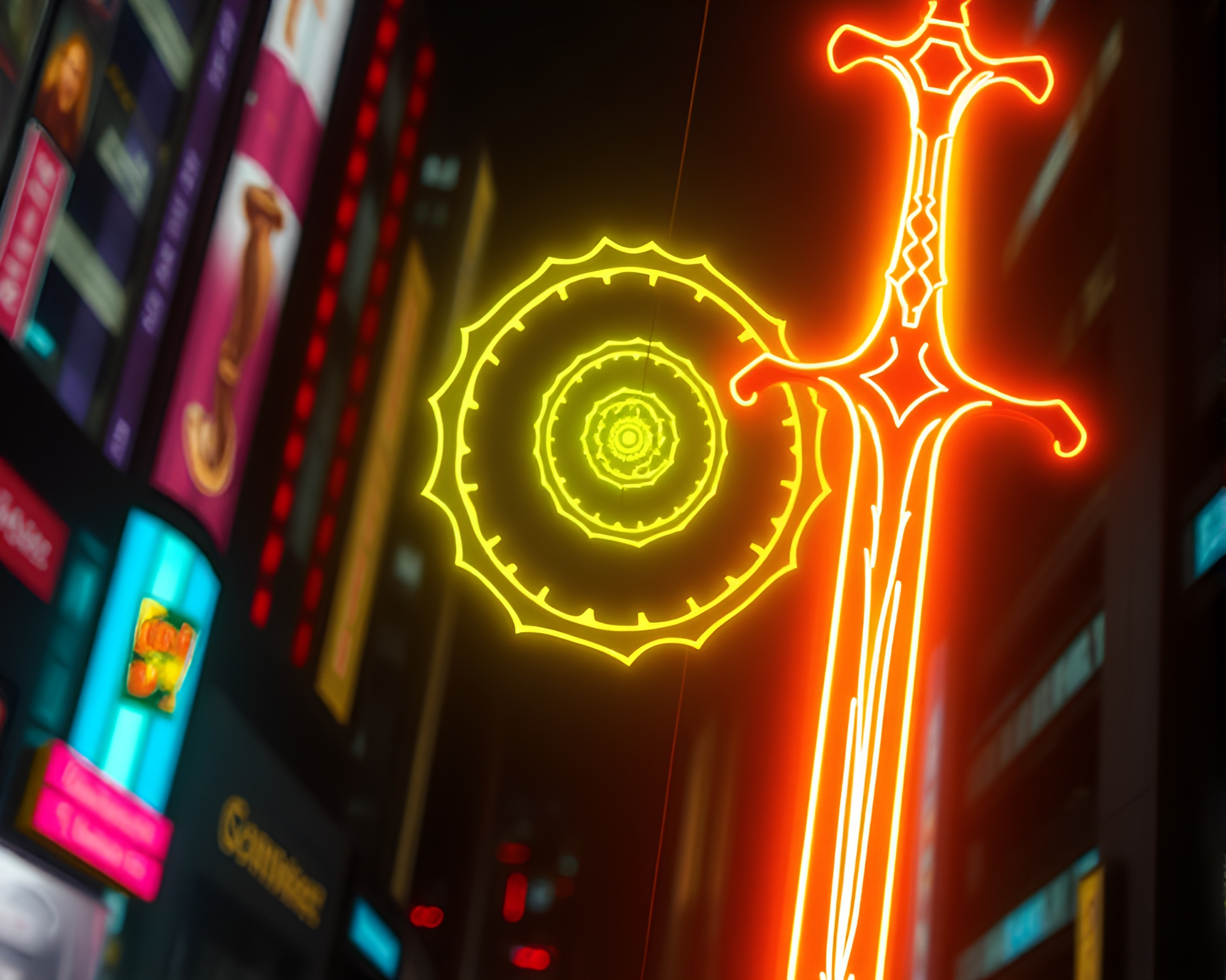 Neon Spiral Sword in Stained Glass City – free AI stock image