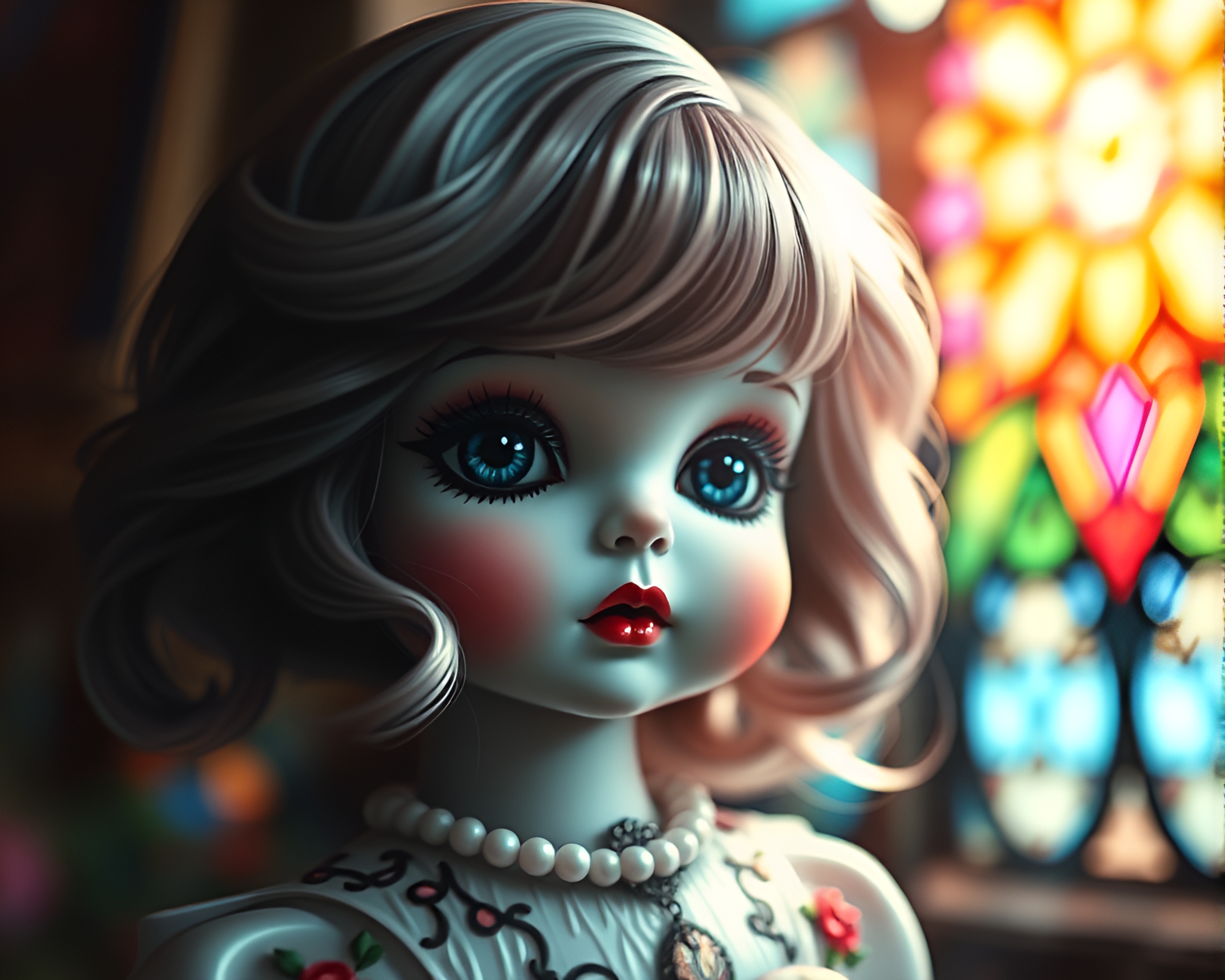 Lens-Distorted Porcelain Doll in Cathedral Stained Light – free AI stock image