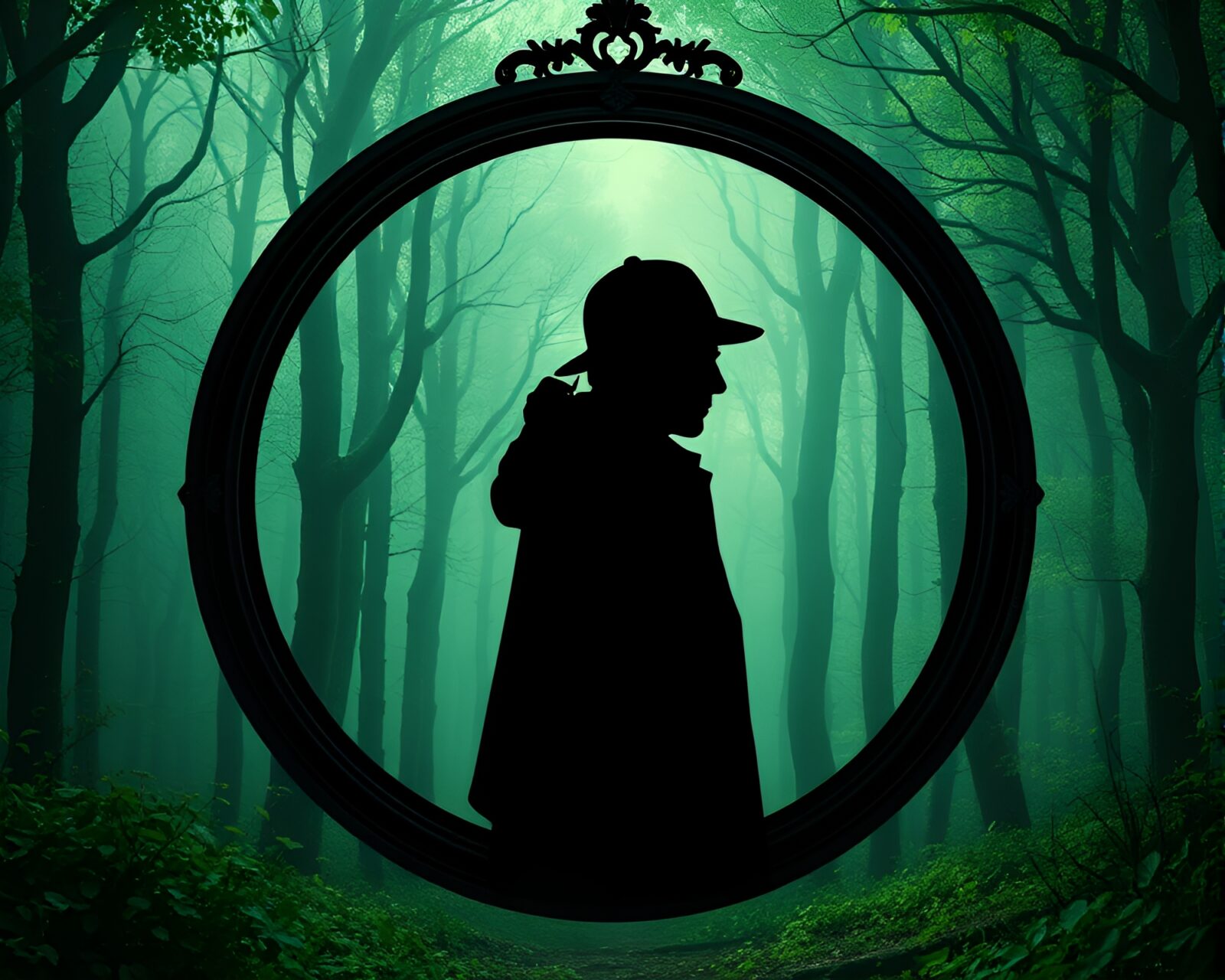 Surreal Sherlock Holmes silhouette in mystical green forest setting