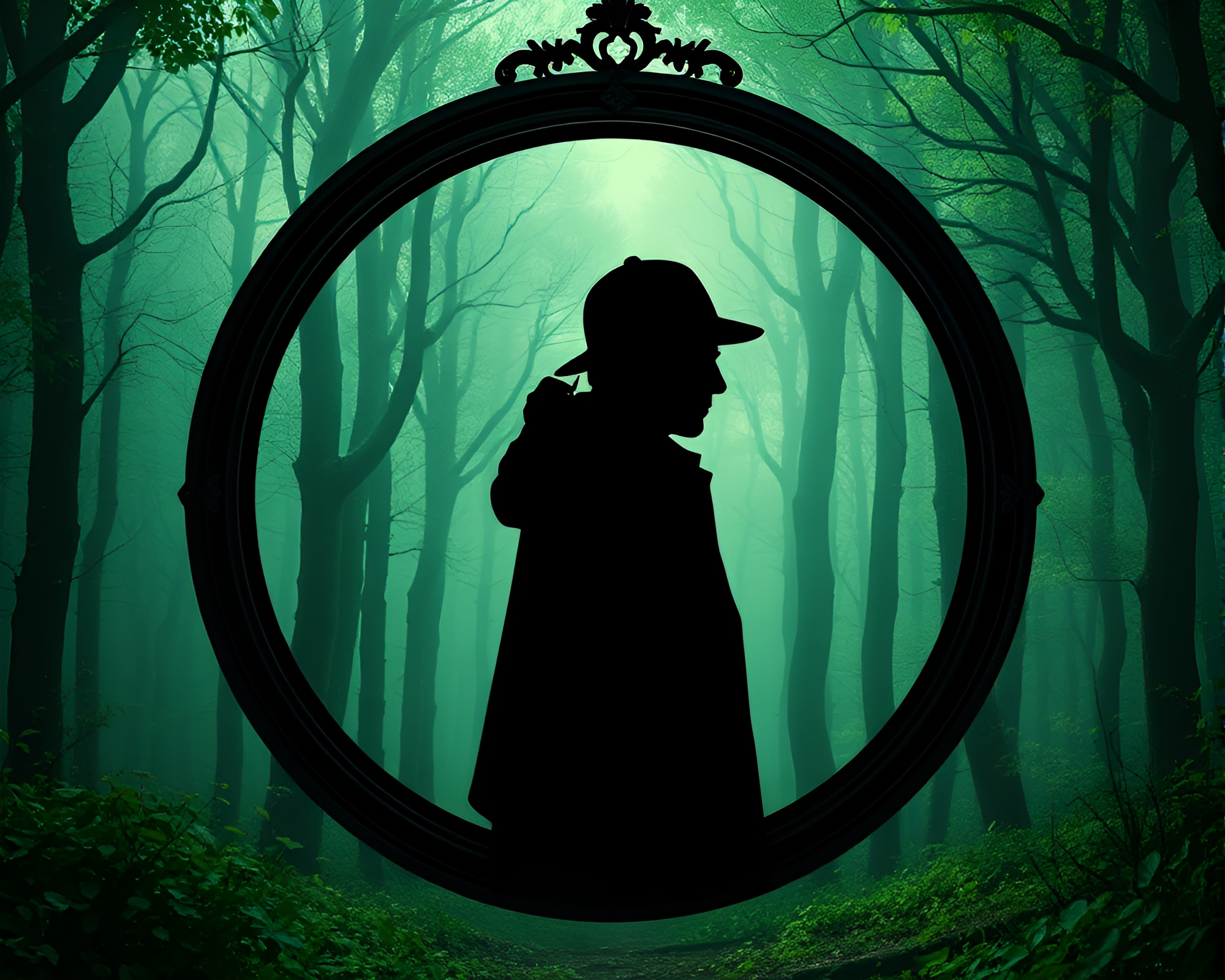 Enchanted Sherlock Holmes Silhouette in Surreal Circular Forest – free AI stock image