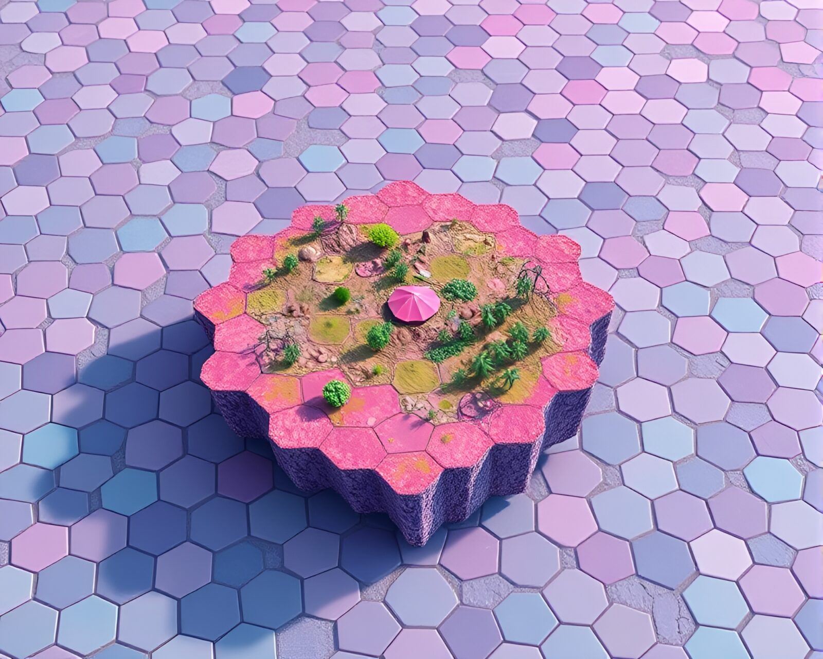 Real-time ray tracing of a surreal floating island in muted hues