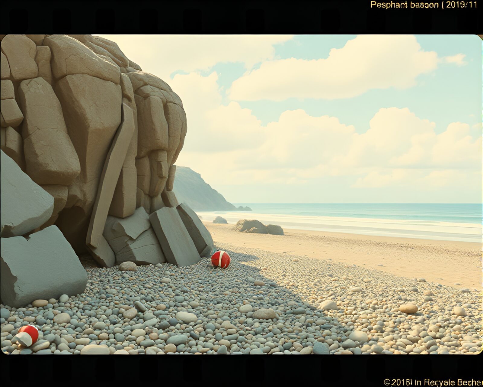 Steampunk beach with film sprocket holes and soft pastel colors