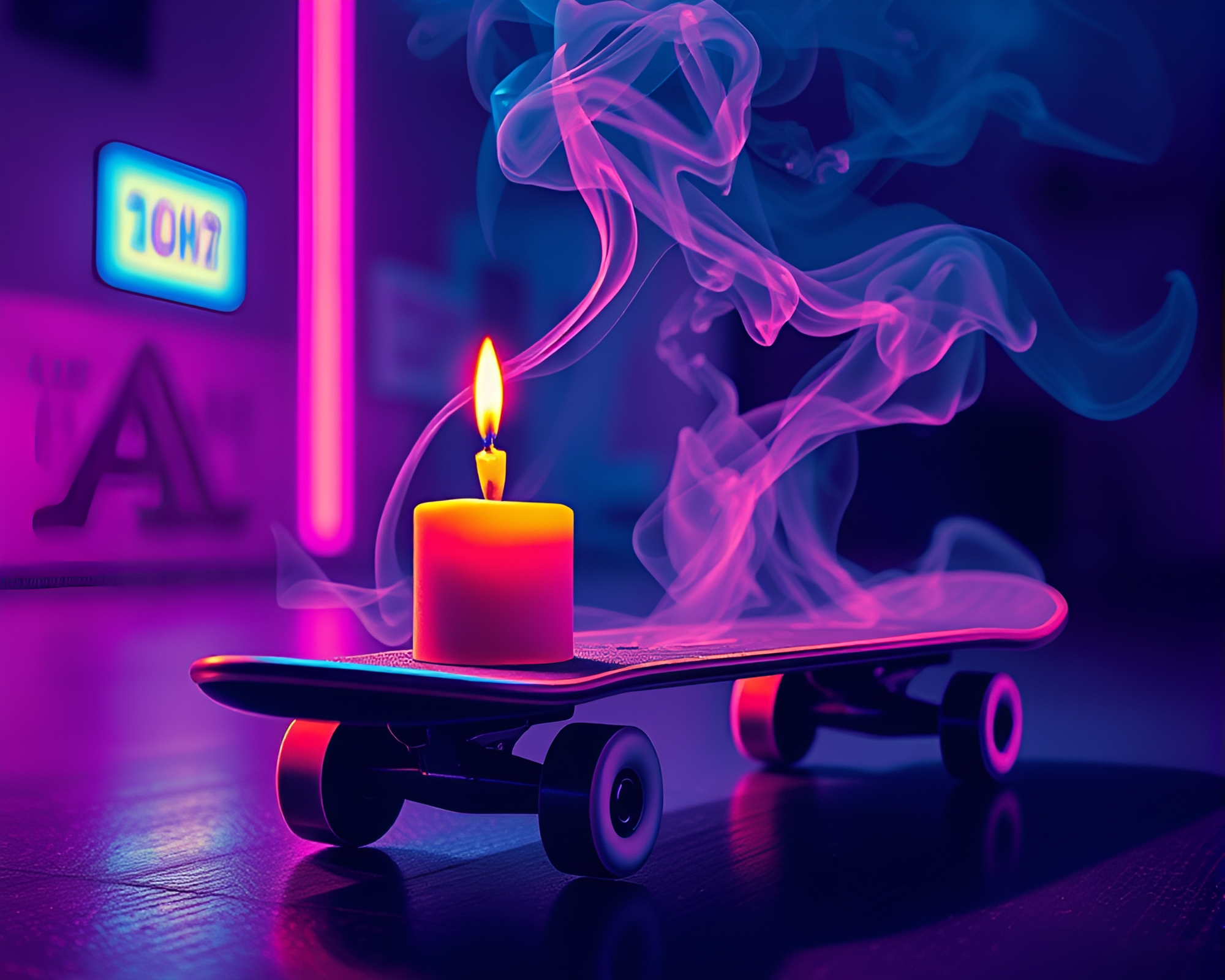 Candle Smoke Skateboard in Neon Line Art – free AI stock image