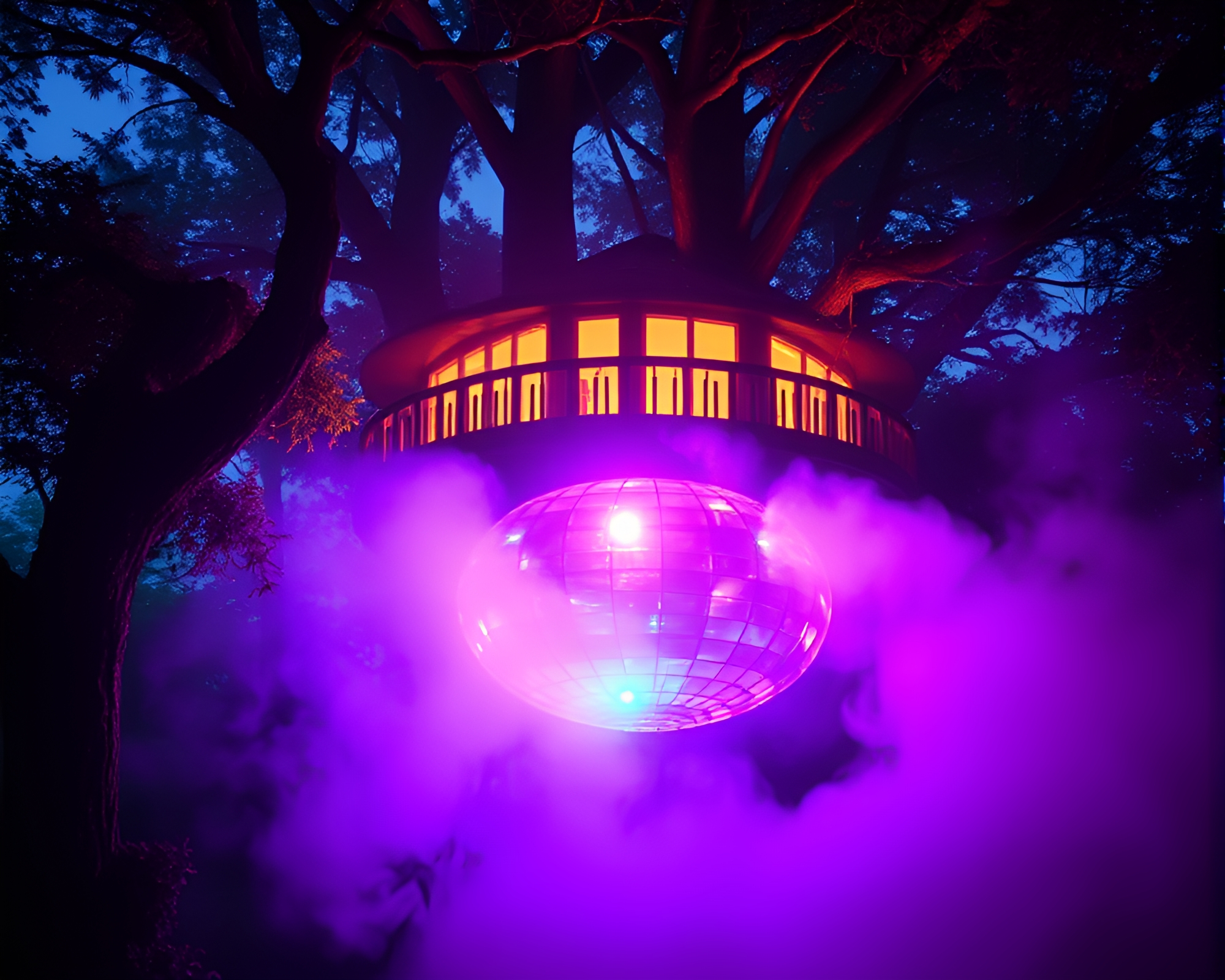 Enchanted Treehouse with Disco Ball Glow – free AI stock image