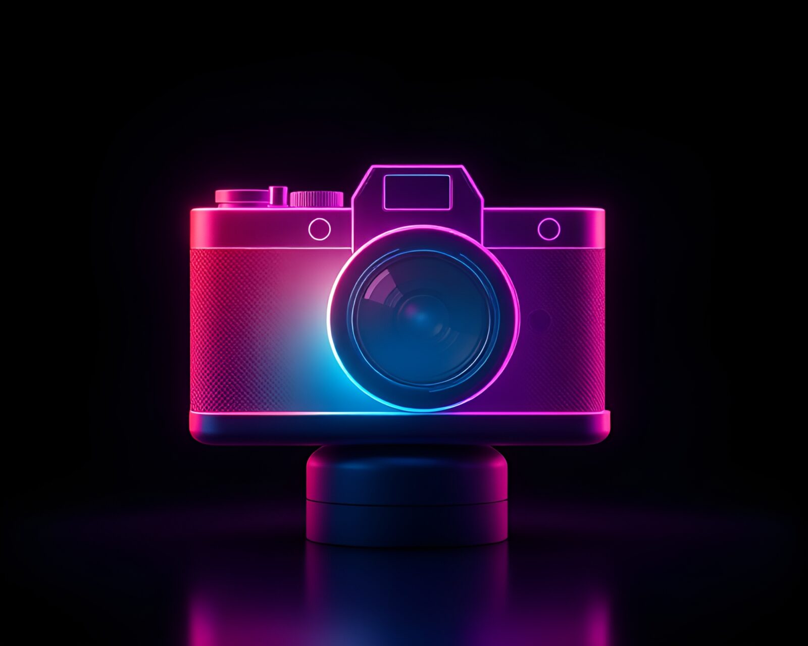 Asymmetrical balance photo of neon camera in gradient lighting
