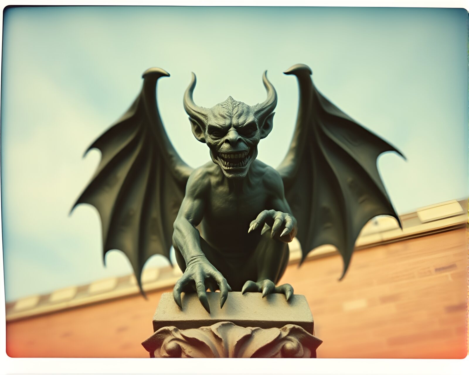 Bio-Organic Gargoyle Statue in Vintage Polaroid Style