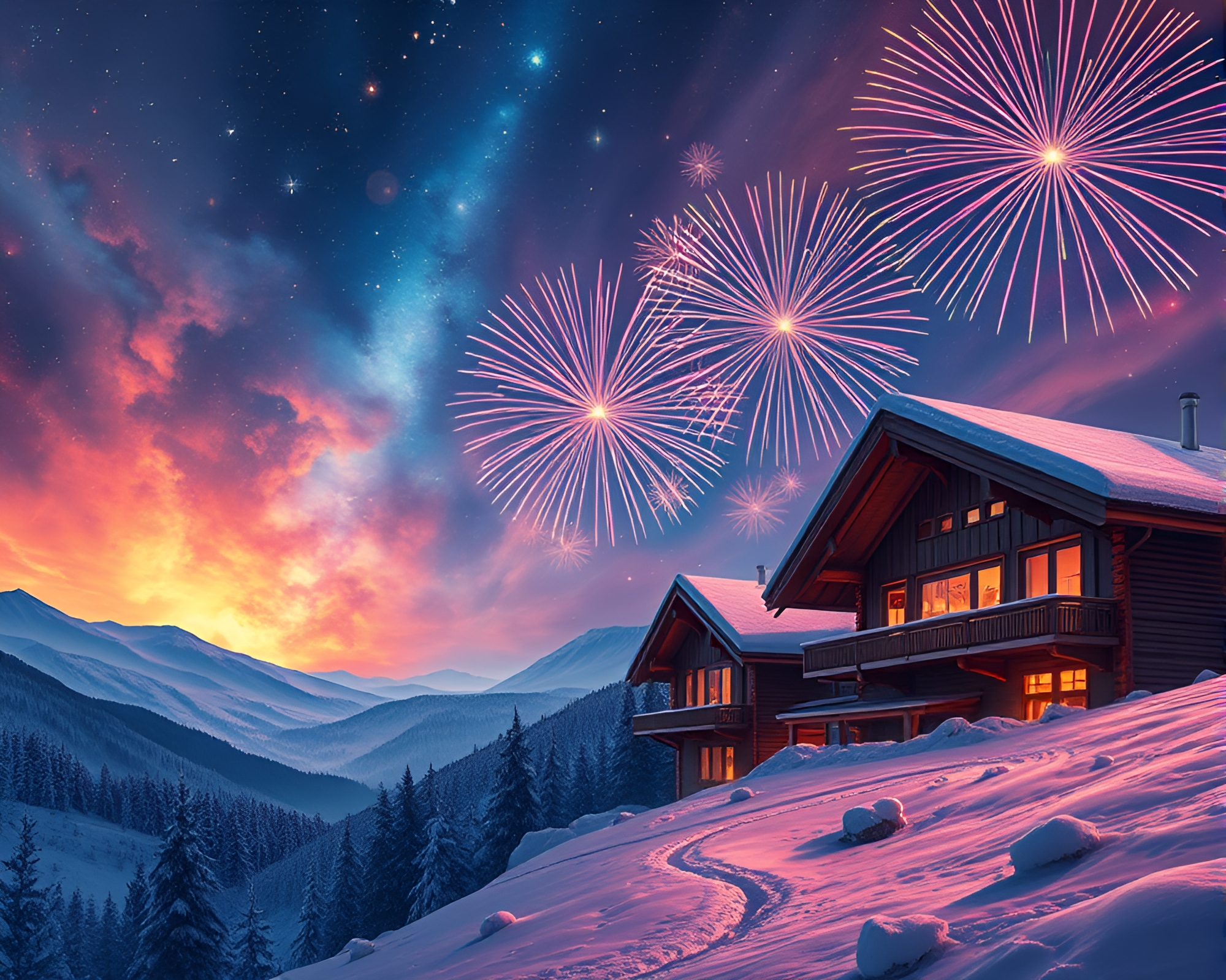 Ethereal Fireworks Burst over Alpine Chalet in Cosmic Hues – free AI stock image