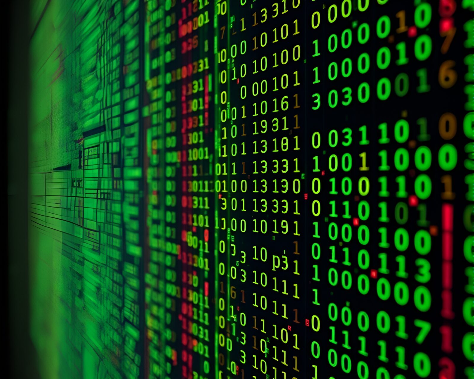 Abstract ASCII binary code art with fading retro colors
