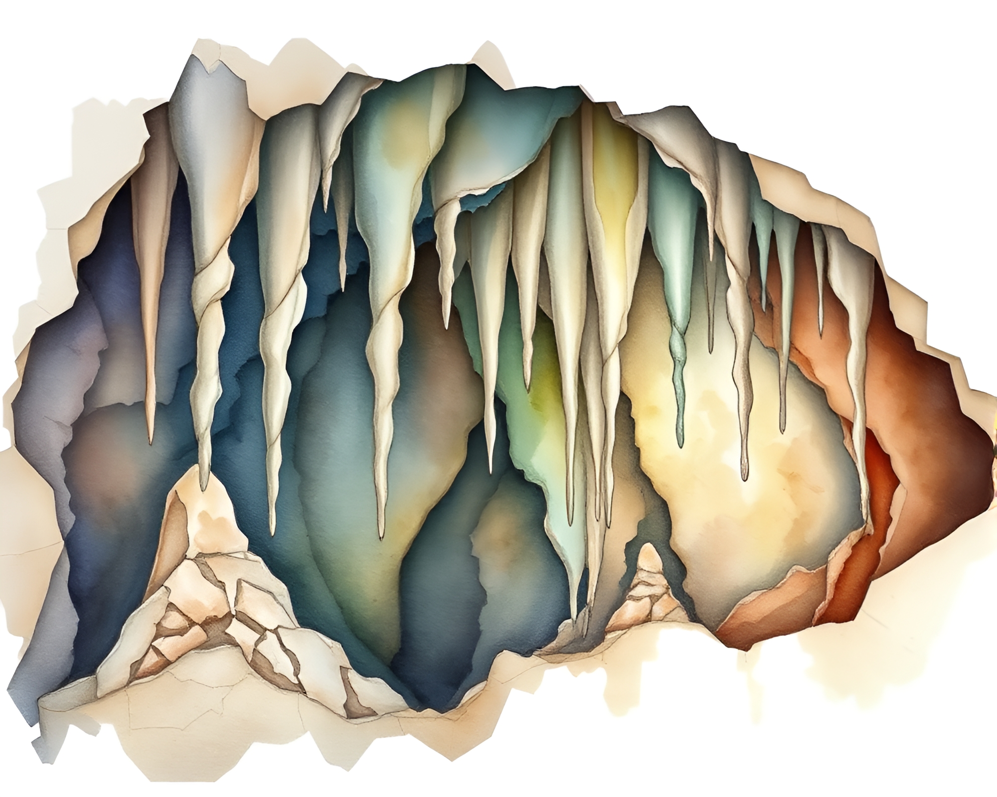 Broken Mosaic Stalactites in Watercolor Cave – free AI stock image