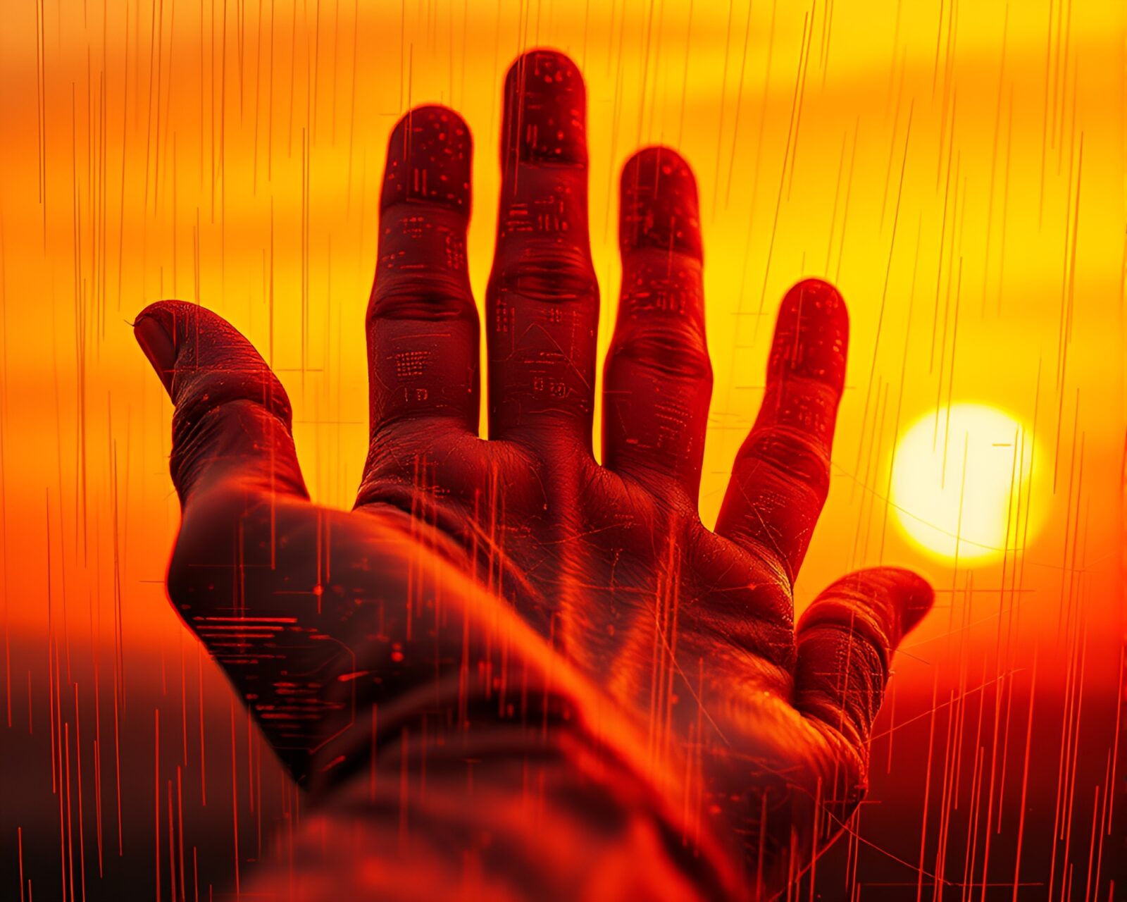 Glowing cybernetic hand with intricate calligraphy under warm sunset