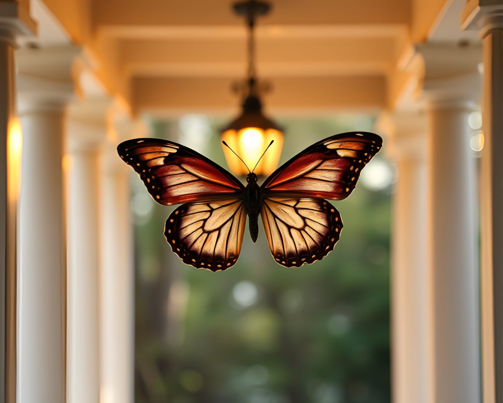 Wide shot image of colorful silk butterfly in warm porchlight glow