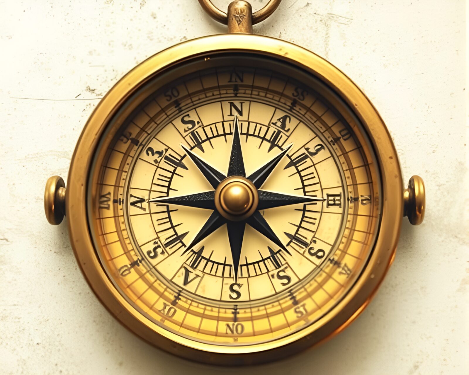 Off-center antique compass bathed in cool dawn light etching
