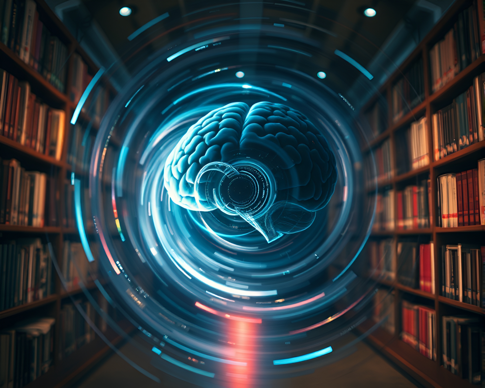 AI Brain in Library Lamp Light – free AI stock image