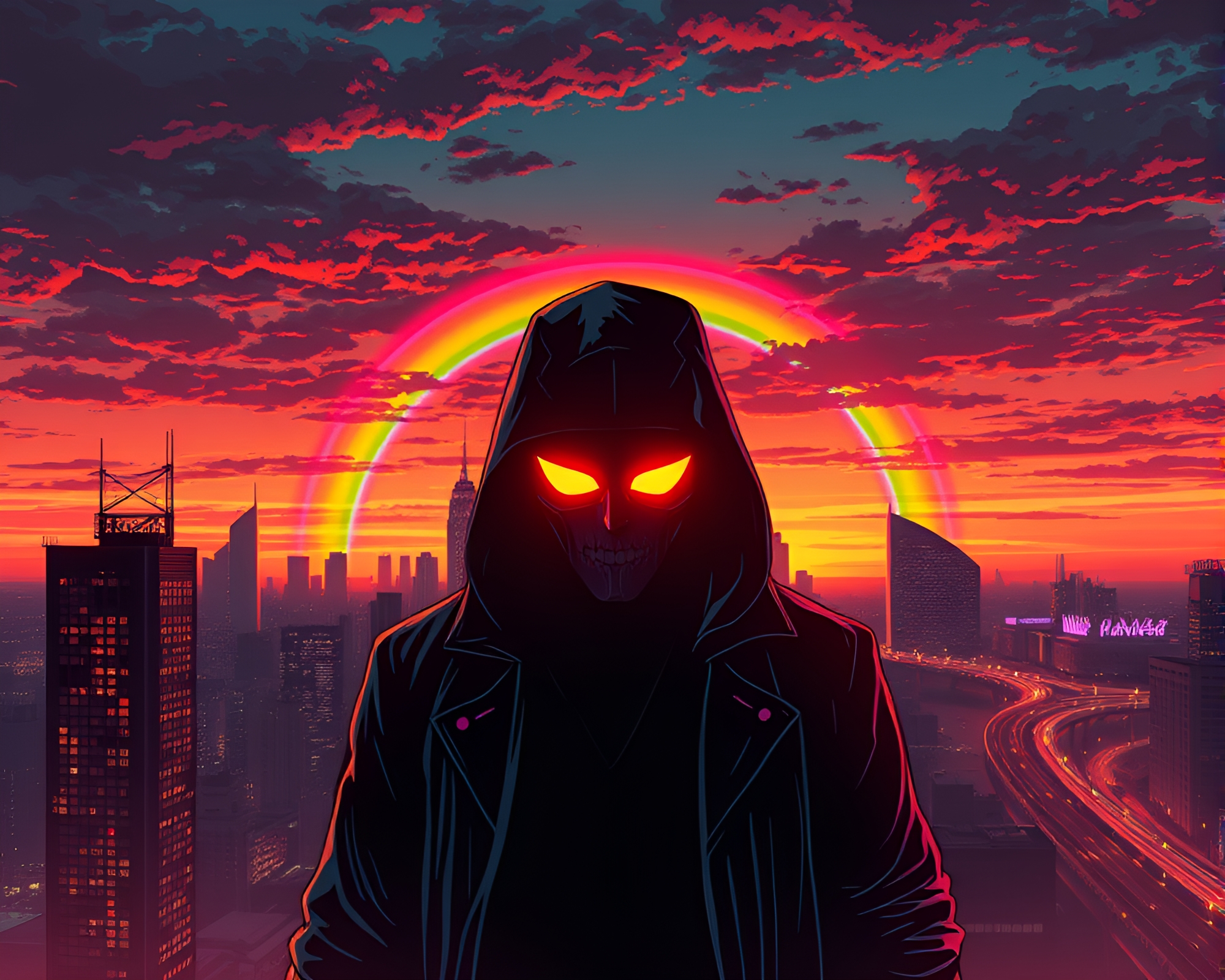 Rainbow Cyberpunk Vigilante at Sunset Cityscape – free AI stock image