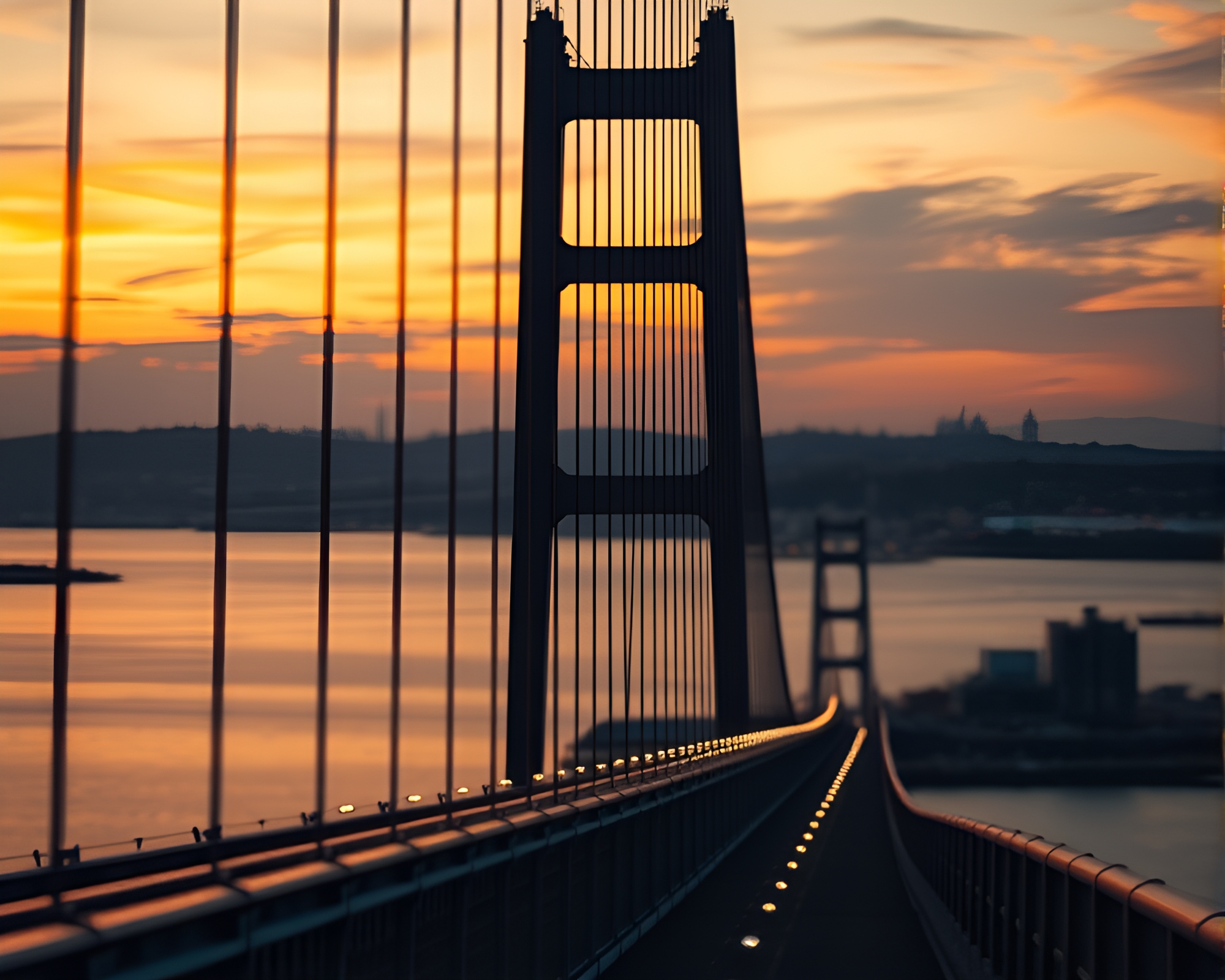 Golden Hour Split Focus Suspension Bridge Sunset – free AI stock image