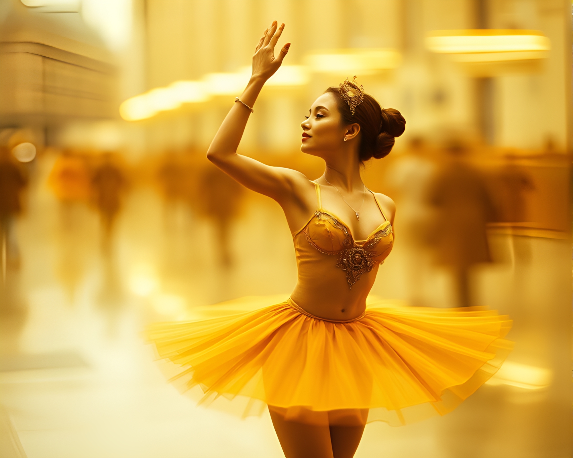 Ethereal Ballet in Mustard Yellow Double Exposure – free AI stock image