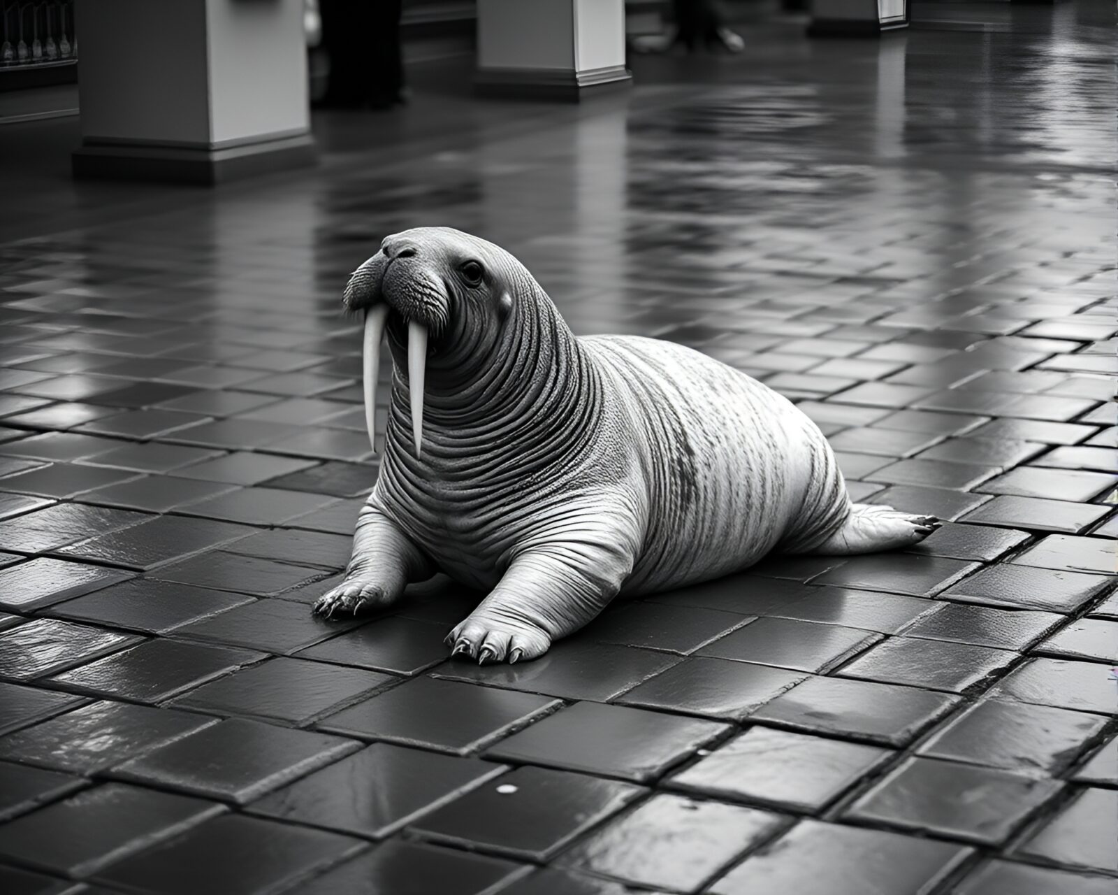 Black and white image of a walrus standing on wet pavement
