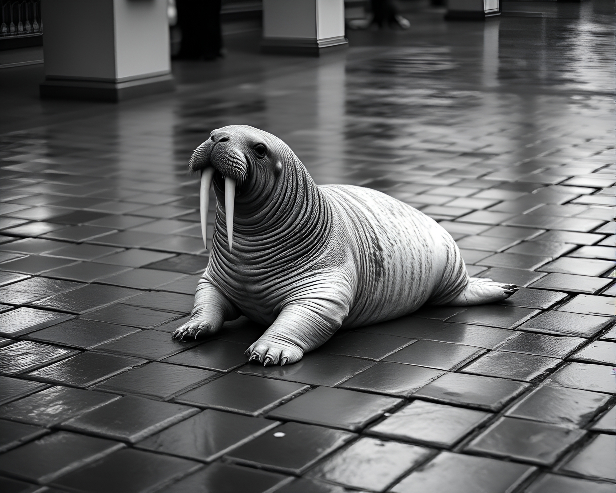 Enigmatic Walrus on Rain-Slicked Pavement – free AI stock image