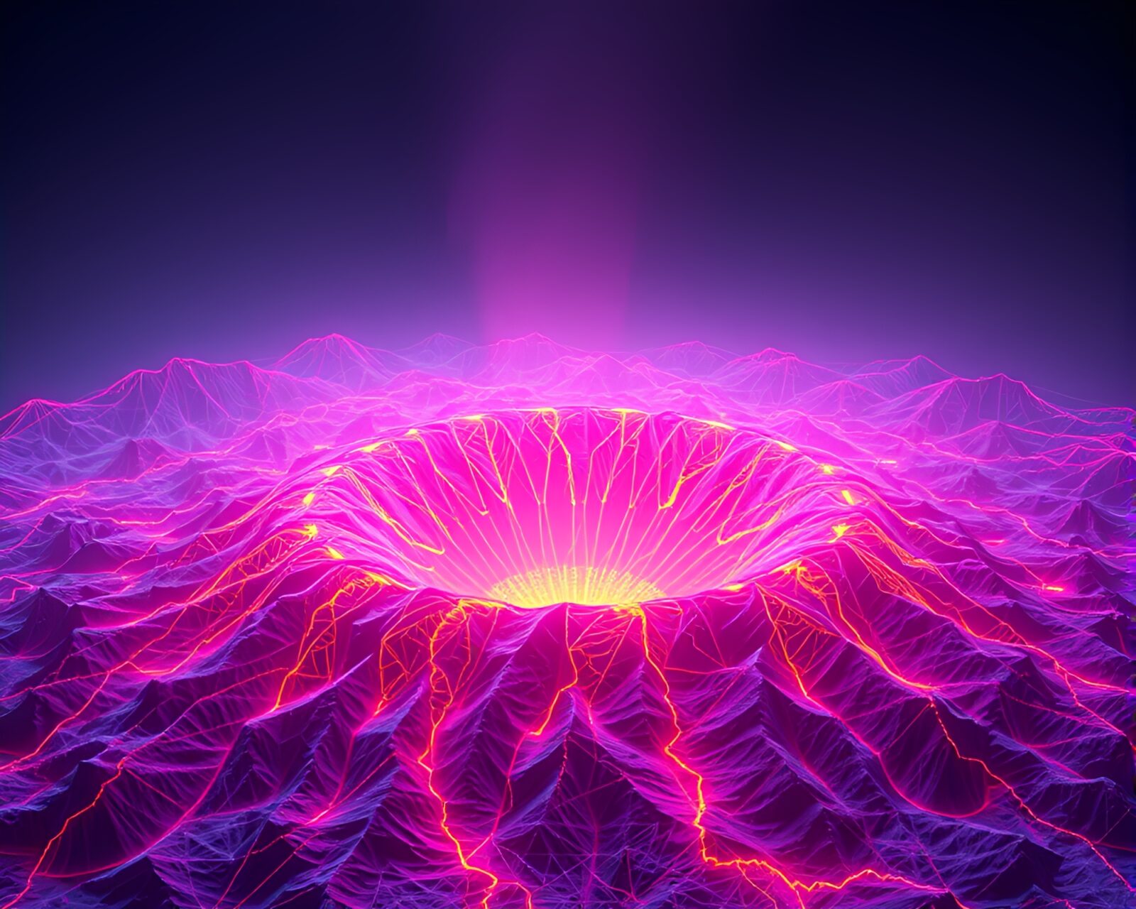 Glowing wireframe volcano crater with surreal color shift
