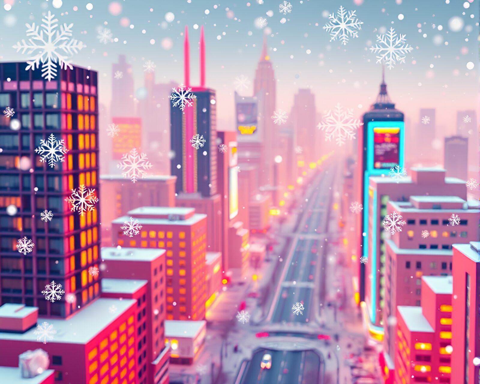 Low-poly 3D cityscape in triadic lighting adorned with snowflakes.
