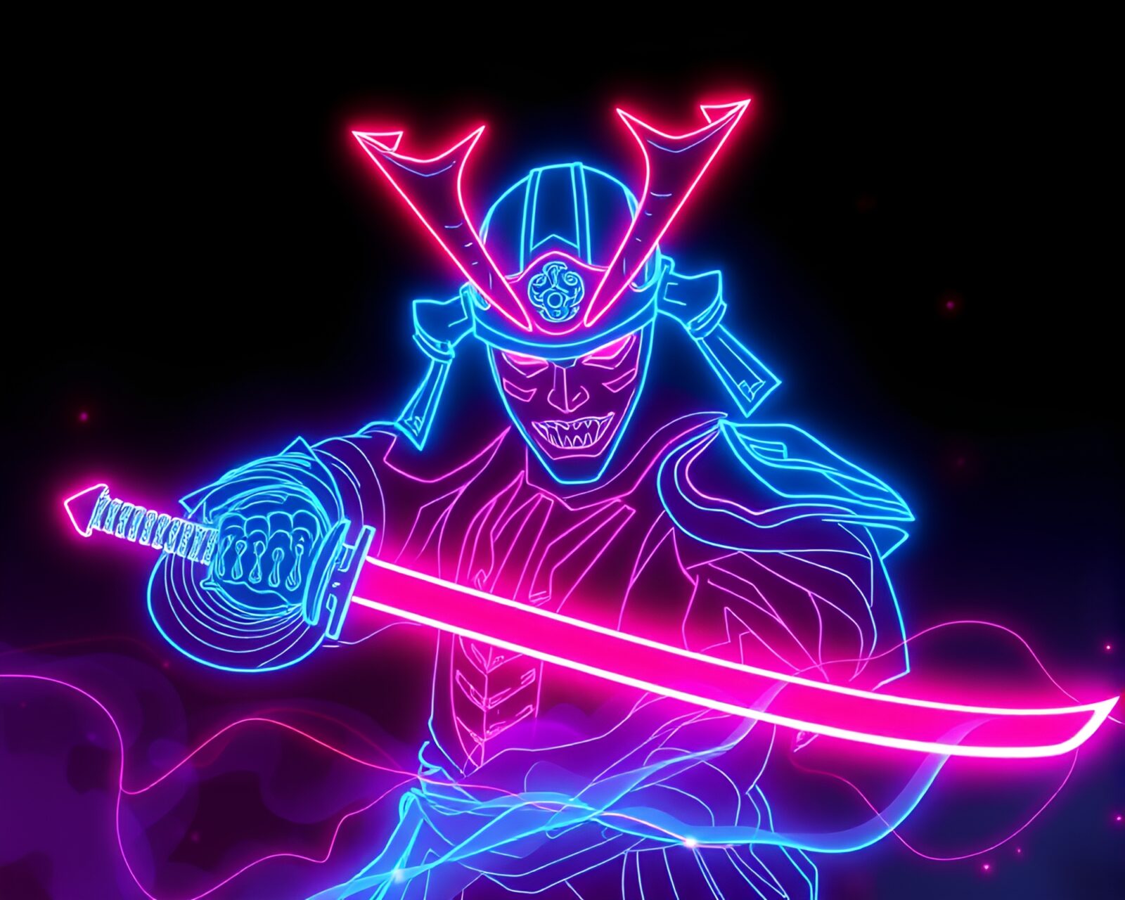 Samurai in neon wireframe design with high saturation lighting