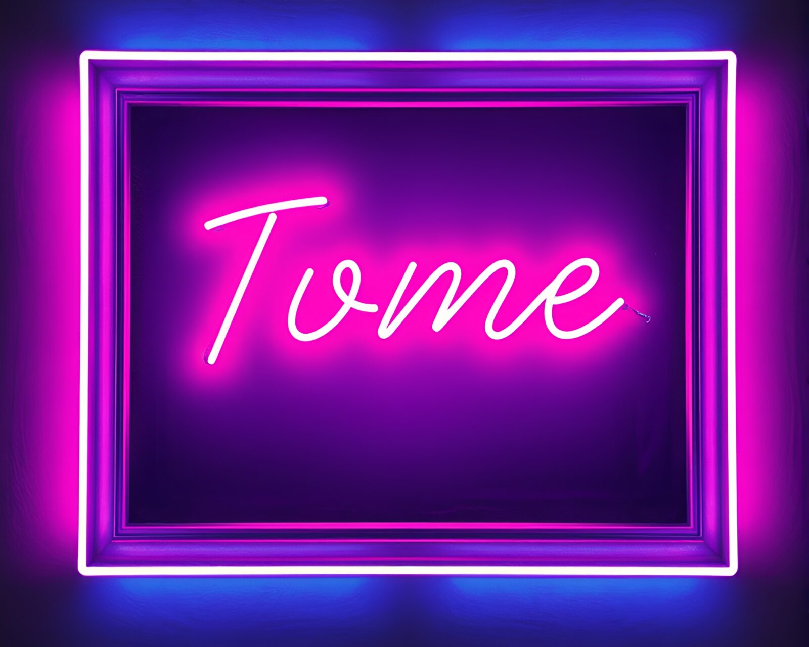 Tempera painting of purple-toned neon sign framed intricately
