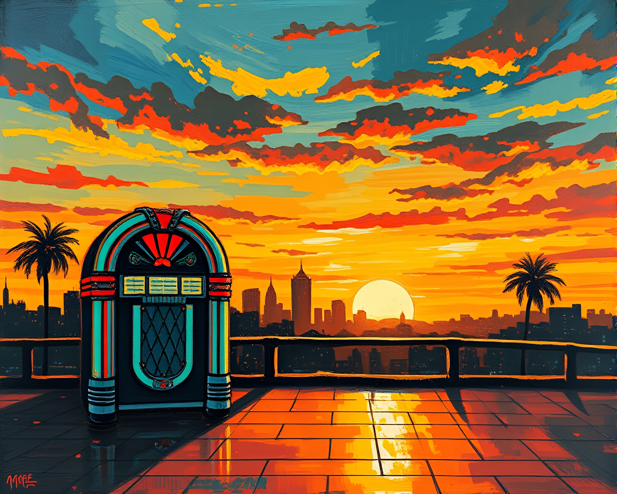 City Skyline Sunset Retro Jukebox Expressionist Painting – free AI stock image