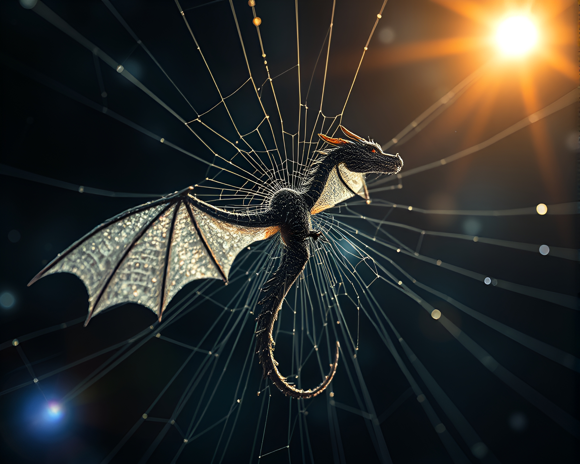 Celestial dragon entwined in ethereal cobweb strands – free AI stock image