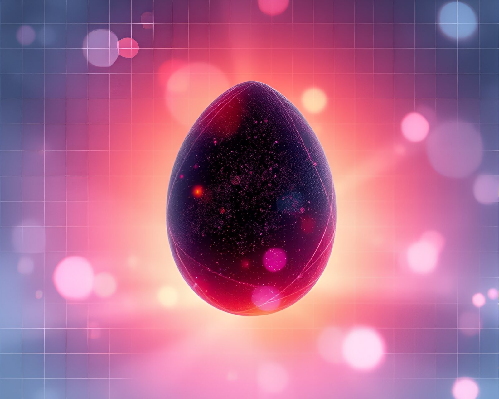 Digital artwork of a glowing dragon egg surrounded by lens flares and grid lines at dusk