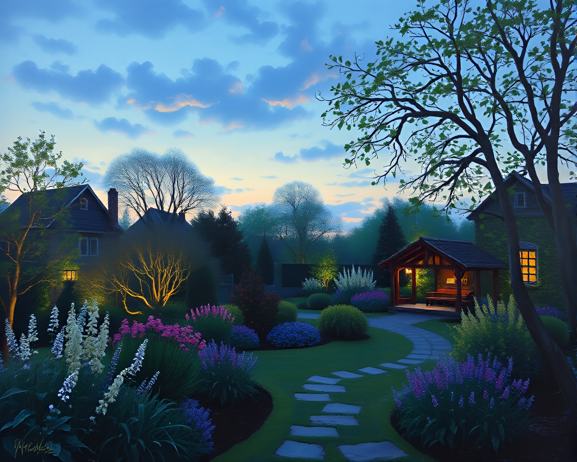 Twilight Zen Garden: Dutch Angle Impressionist Painting – free AI stock image