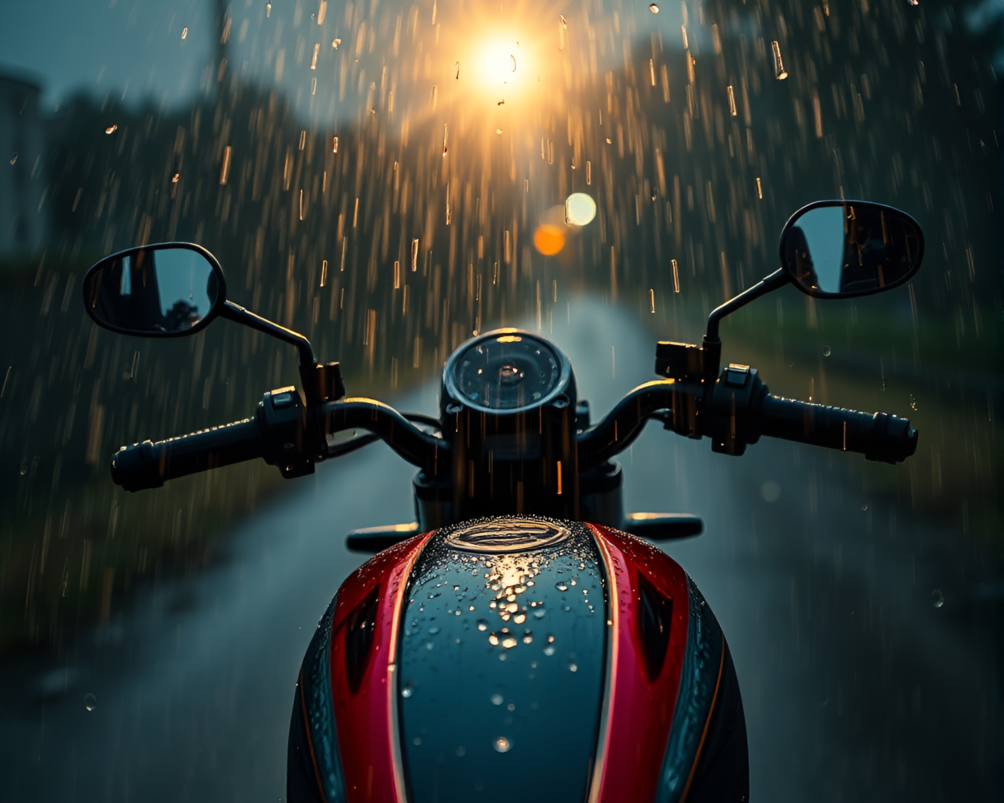 Majestic Motorcycle Ride Through Starburst Rain Droplets – free AI stock image