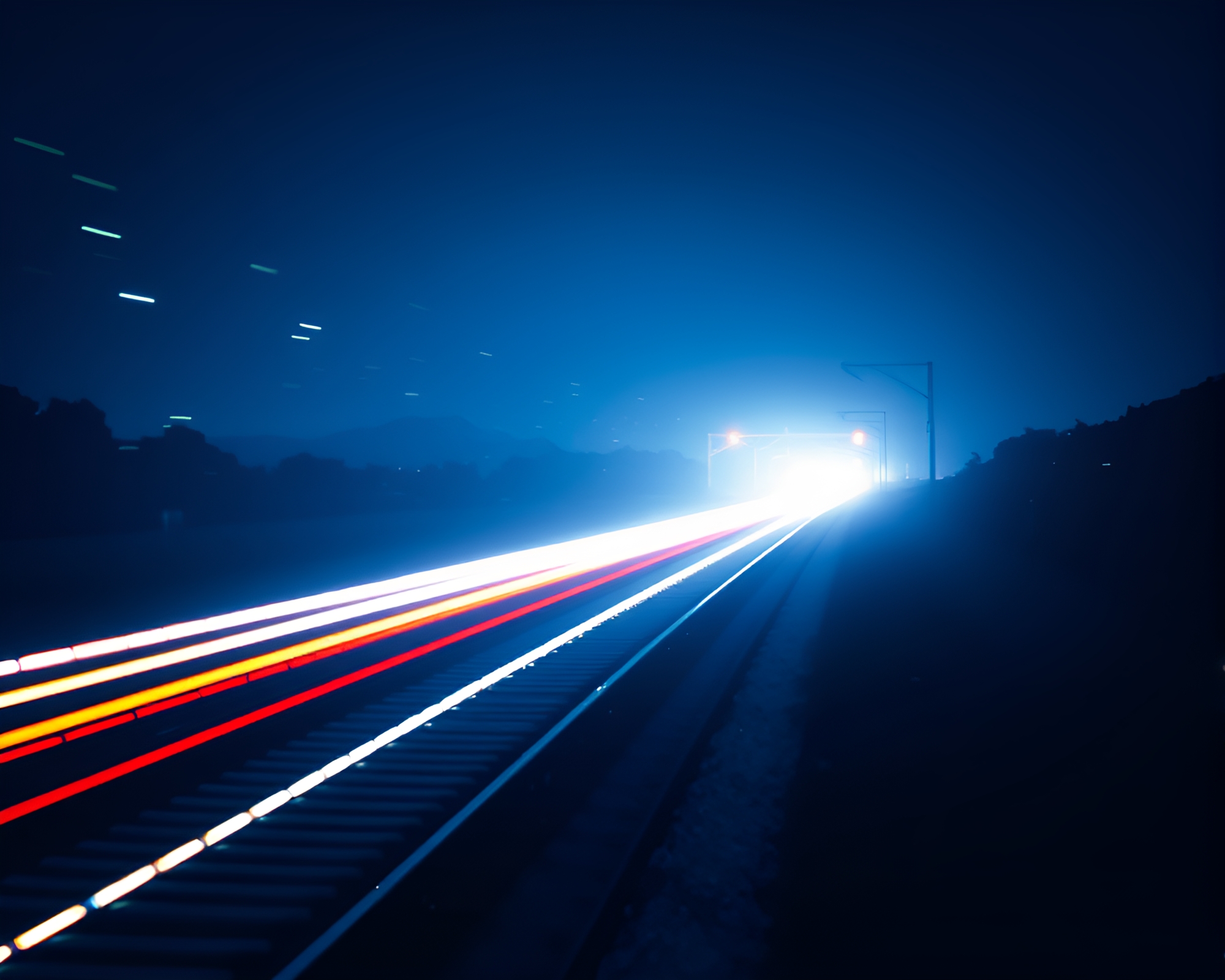 Plateau Train Light Trails in Pixelated ASCII Art – free AI stock image