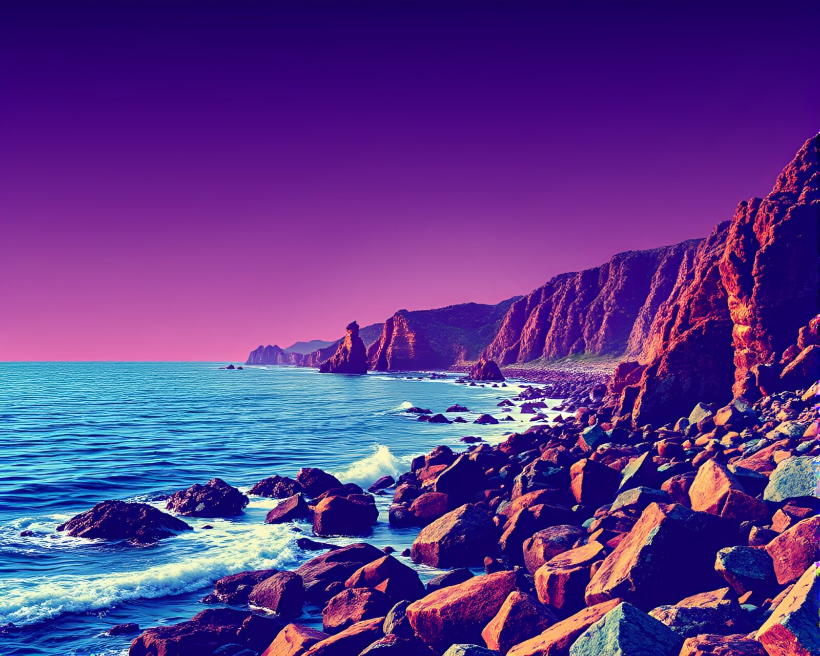 Rocky coastline bathed in retro colored rays and halftone grid