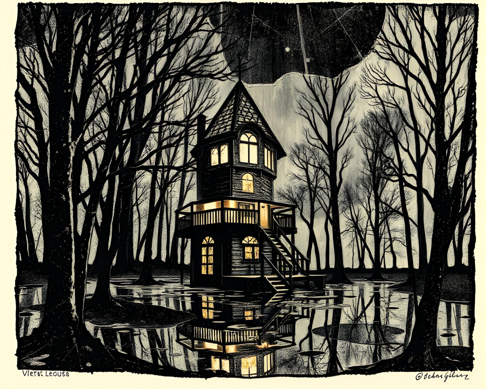Woodcut style artwork of treehouse reflecting on broken glass