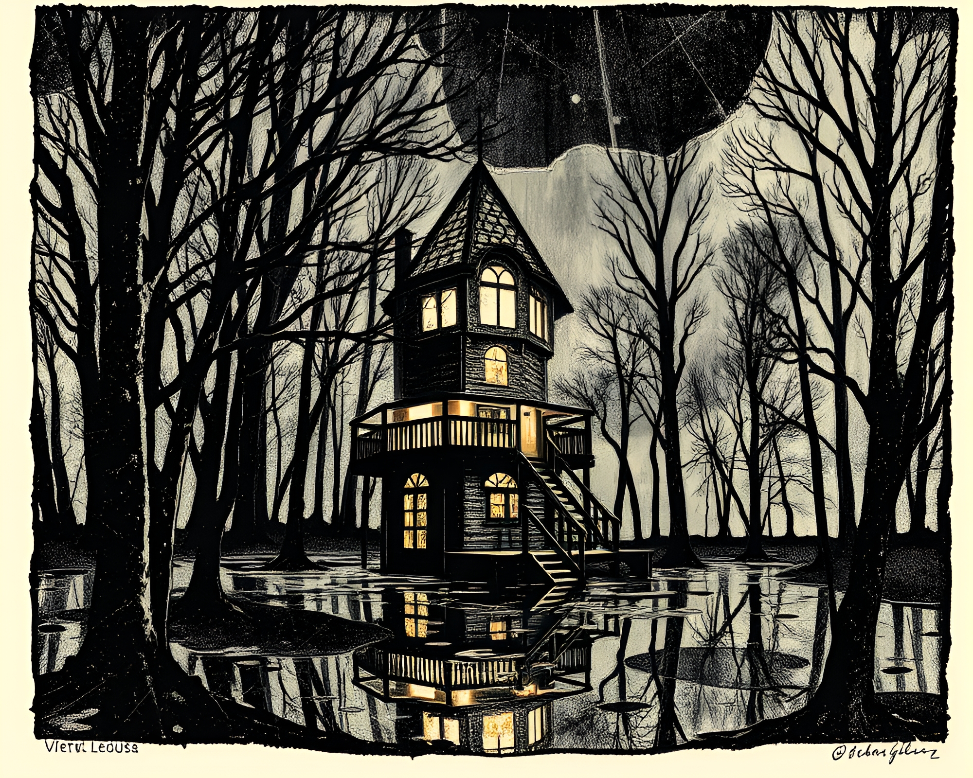 Treehouse Reflections: Light Streaks Through Broken Glass – free AI stock image