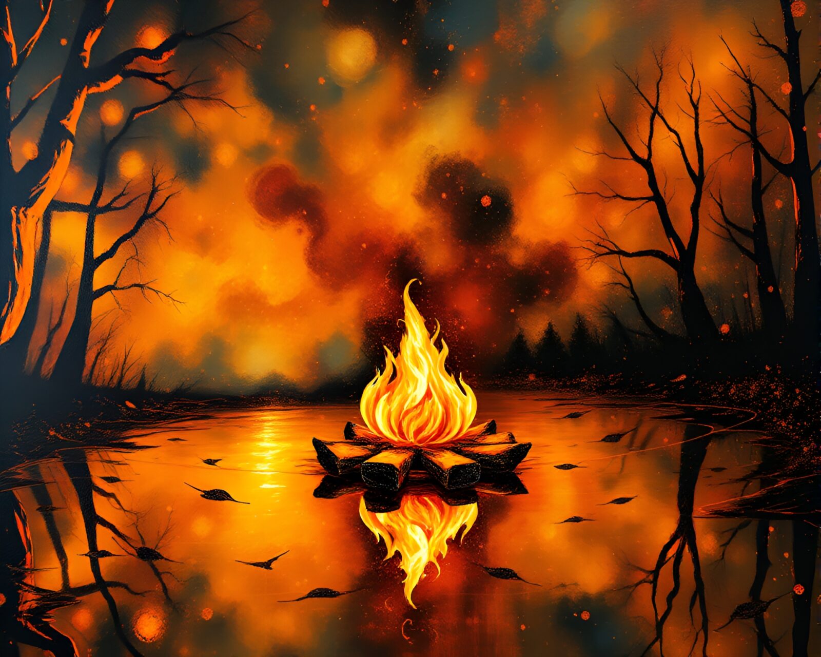 A detailed acrylic painting of a glowing lantern amidst bonfire warmth