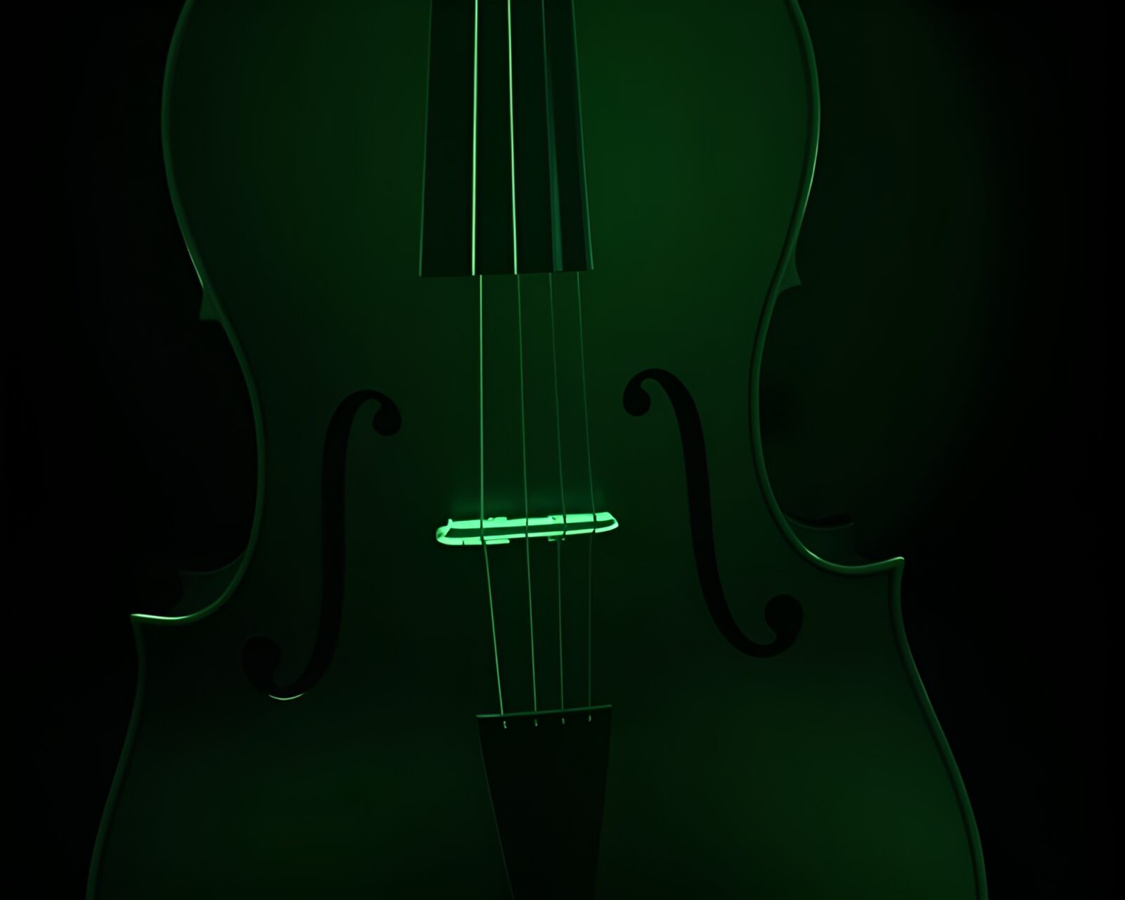 Surreal image of a cello reflected in monochrome green