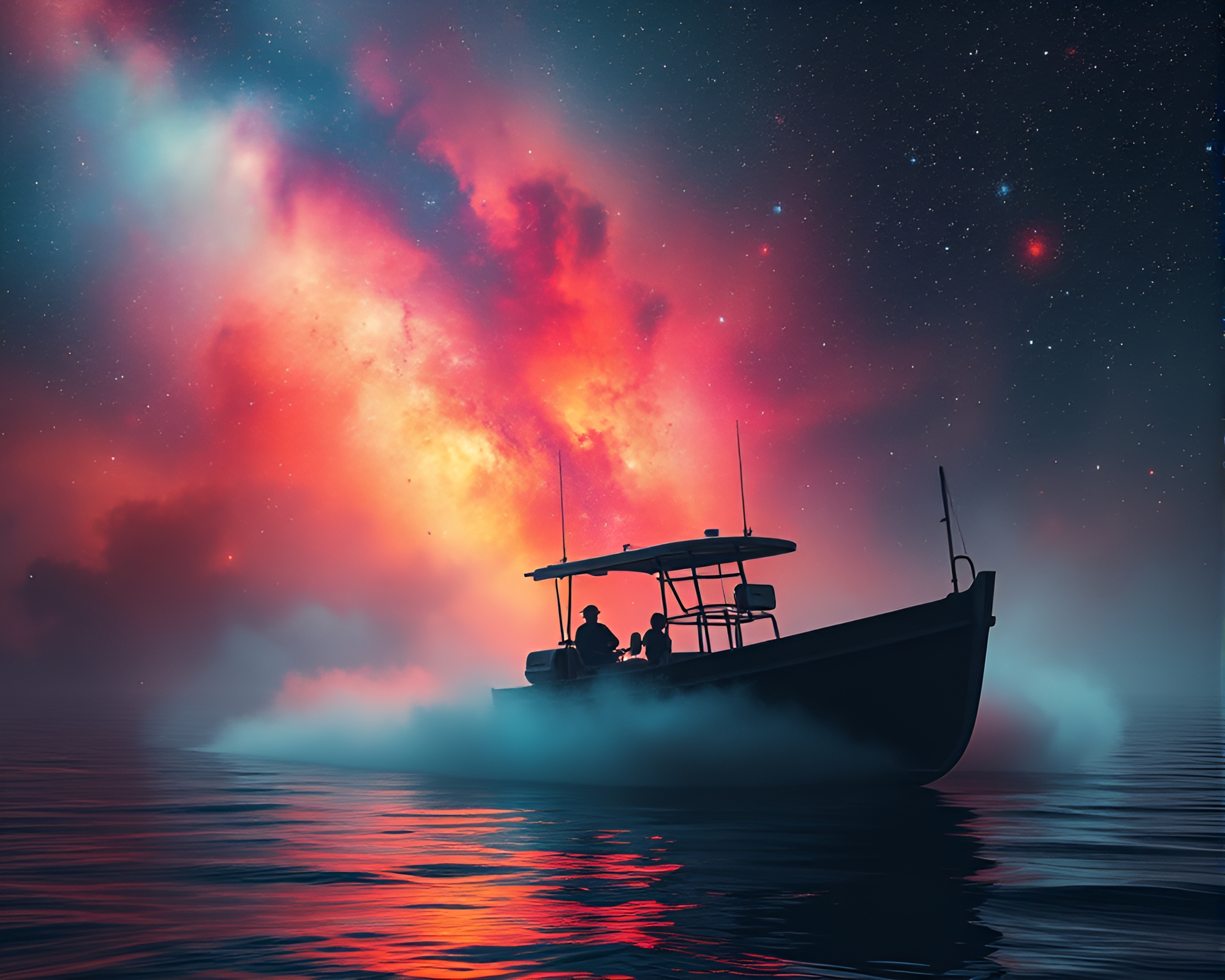 Vibrant Hydrofoil Boat Racing through Cosmic Dust – free AI stock image