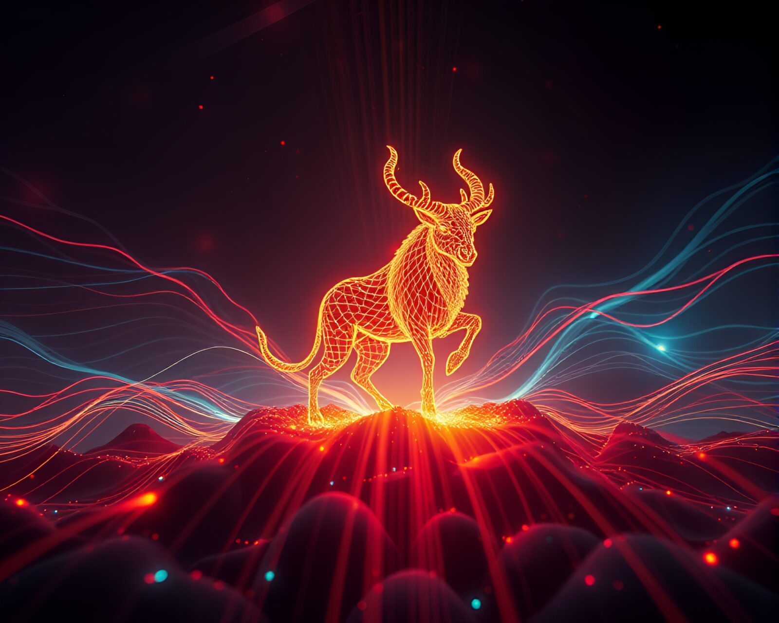 Voxel art scene featuring a satyr surrounded by triadic colored fiber optics