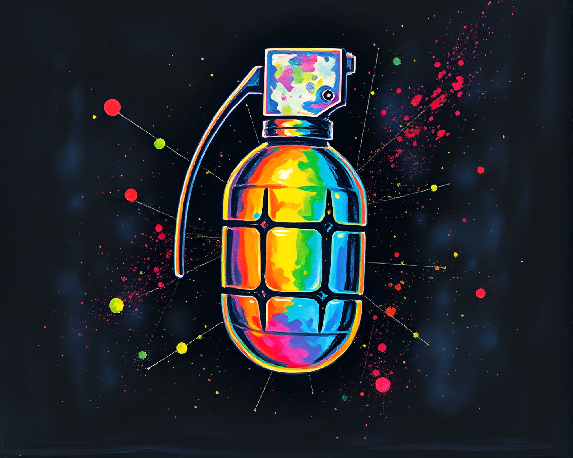 Pixelated Antimatter Grenade Explodes in Oil Slick Rainbow – free AI stock image